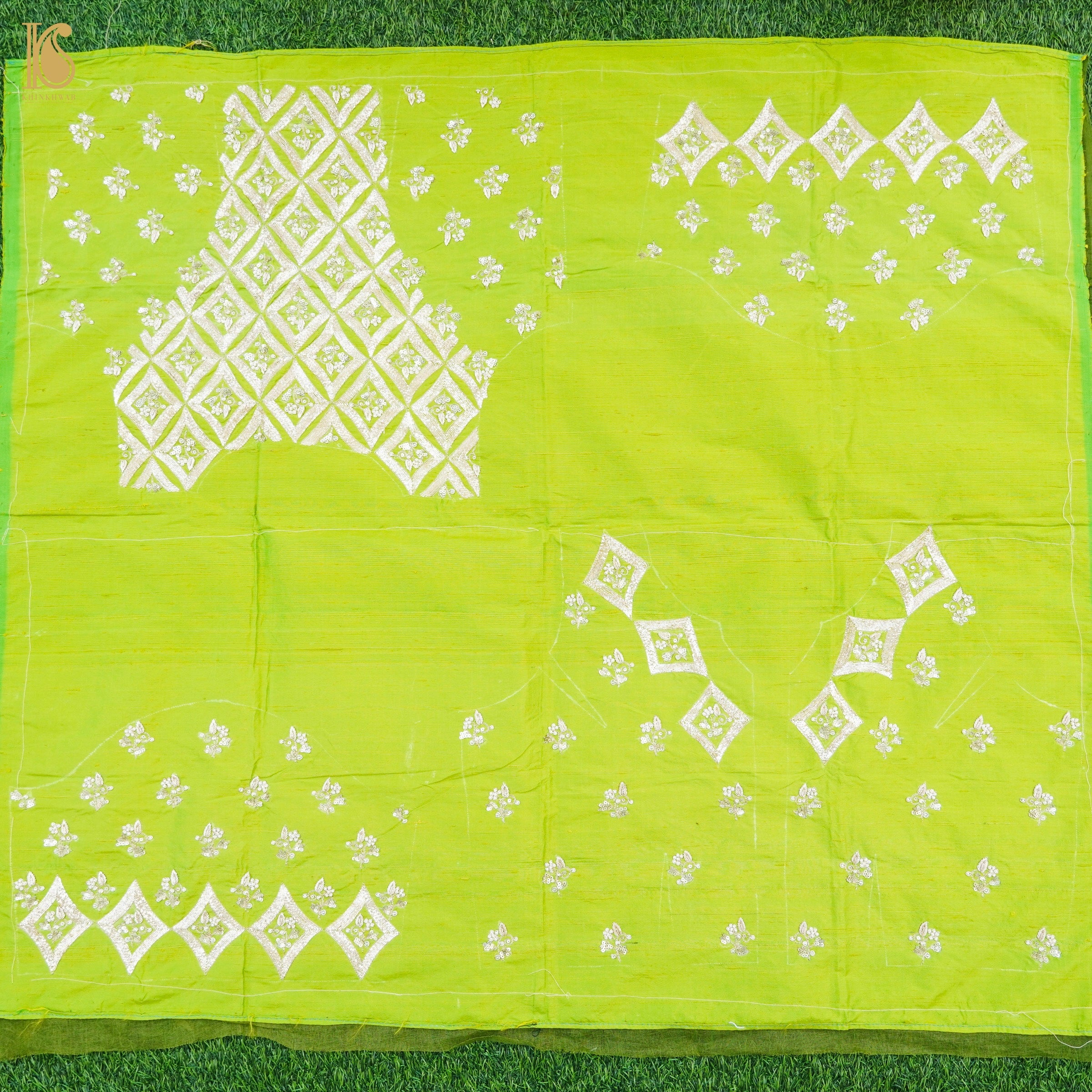 Hand Embroidered Pure Raw Silk La Rioja Green Blouse Fabric - Khinkhwab