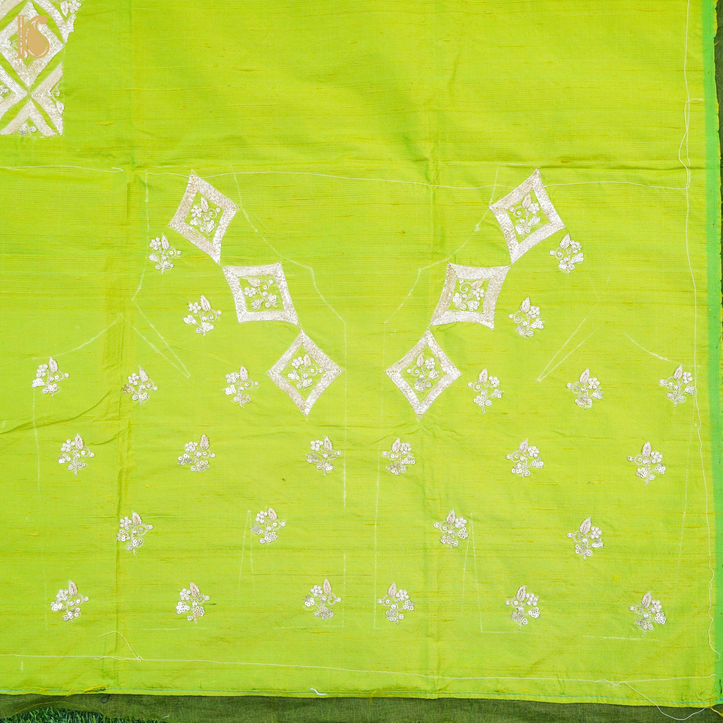 Hand Embroidered Pure Raw Silk La Rioja Green Blouse Fabric - Khinkhwab
