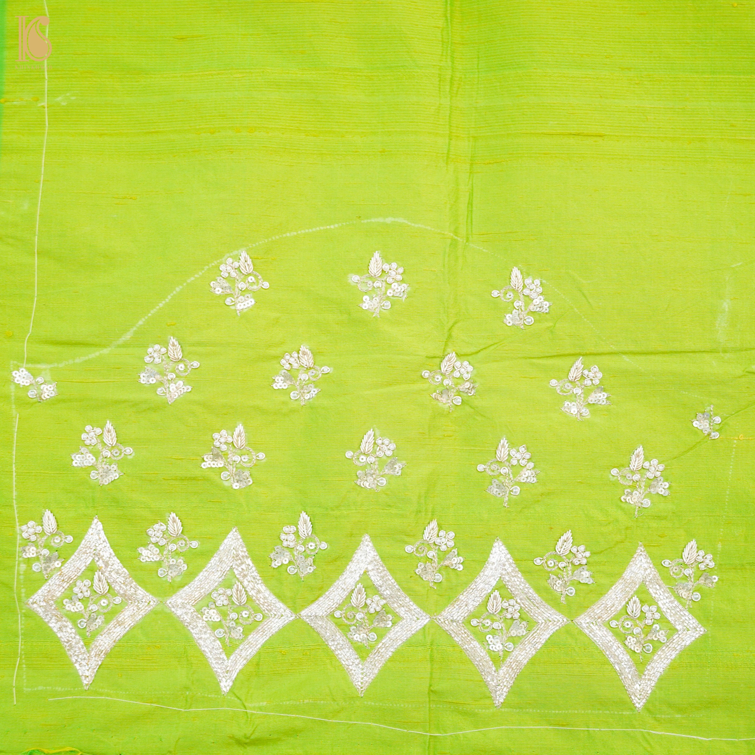 Hand Embroidered Pure Raw Silk La Rioja Green Blouse Fabric - Khinkhwab