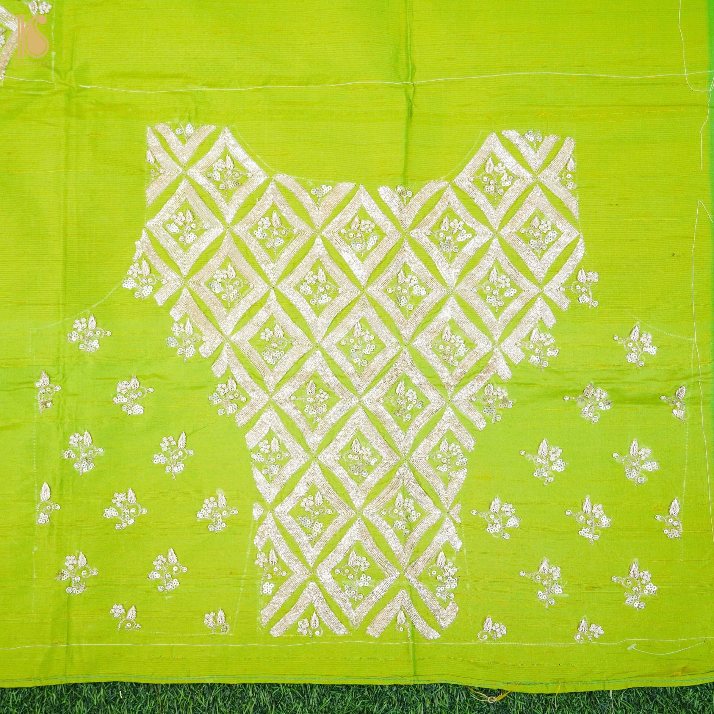 Hand Embroidered Pure Raw Silk La Rioja Green Blouse Fabric - Khinkhwab