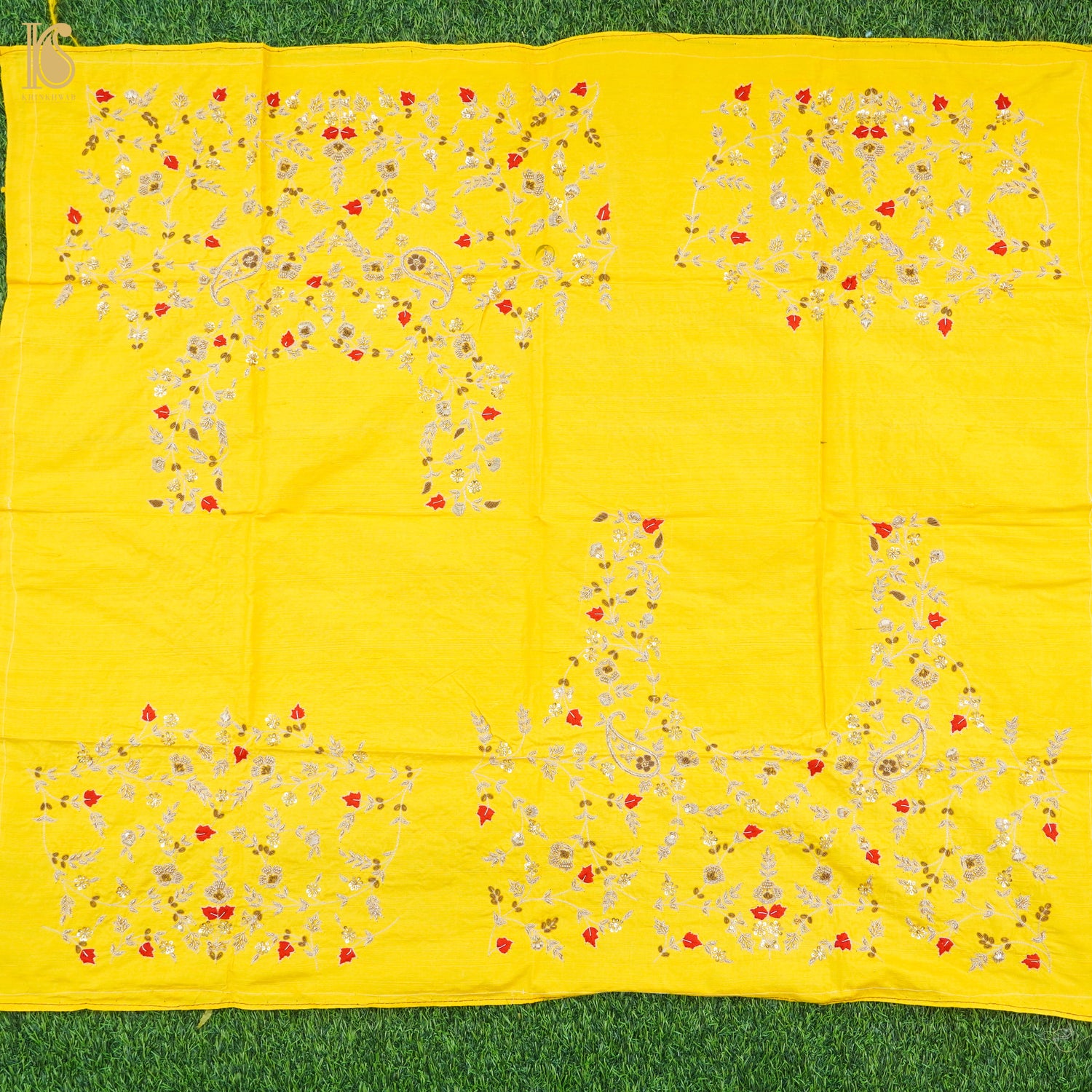 Hand Embroidered Pure Raw Silk Golden Yellow Blouse Fabric - Khinkhwab