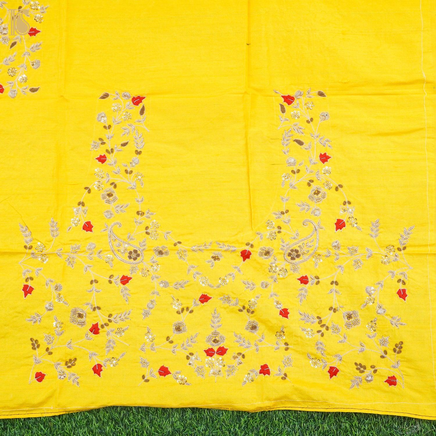 Hand Embroidered Pure Raw Silk Golden Yellow Blouse Fabric - Khinkhwab