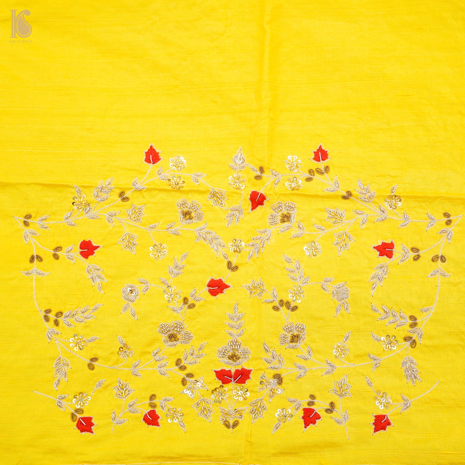 Hand Embroidered Pure Raw Silk Golden Yellow Blouse Fabric - Khinkhwab