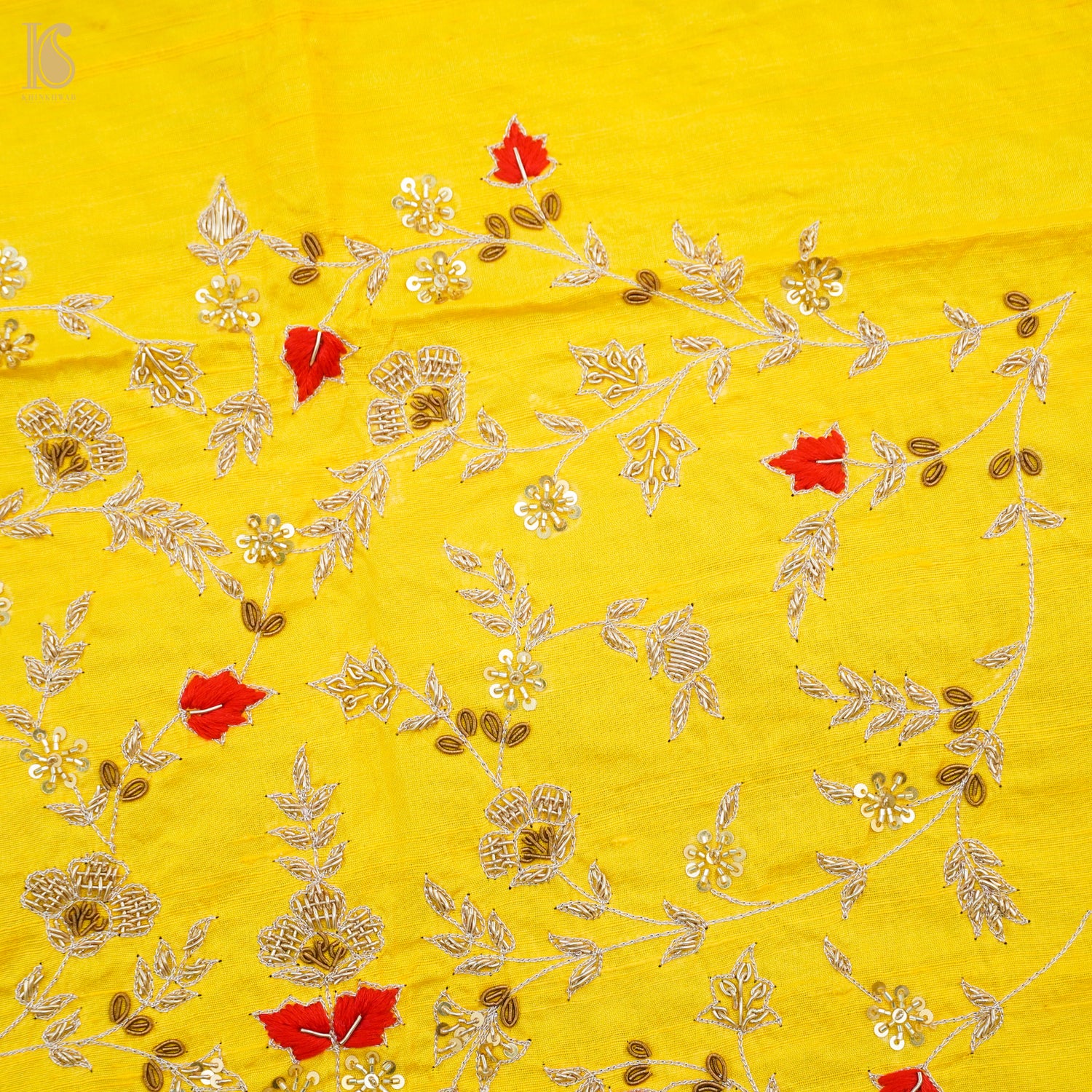Hand Embroidered Pure Raw Silk Golden Yellow Blouse Fabric - Khinkhwab