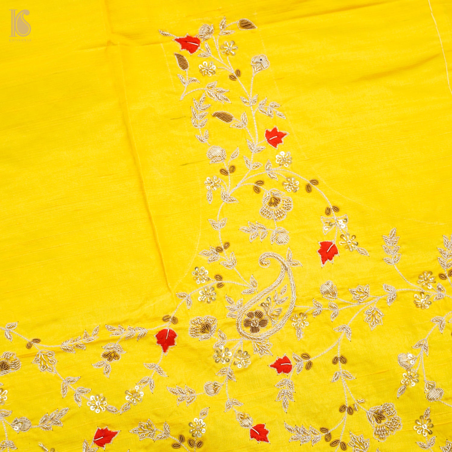 Hand Embroidered Pure Raw Silk Golden Yellow Blouse Fabric - Khinkhwab