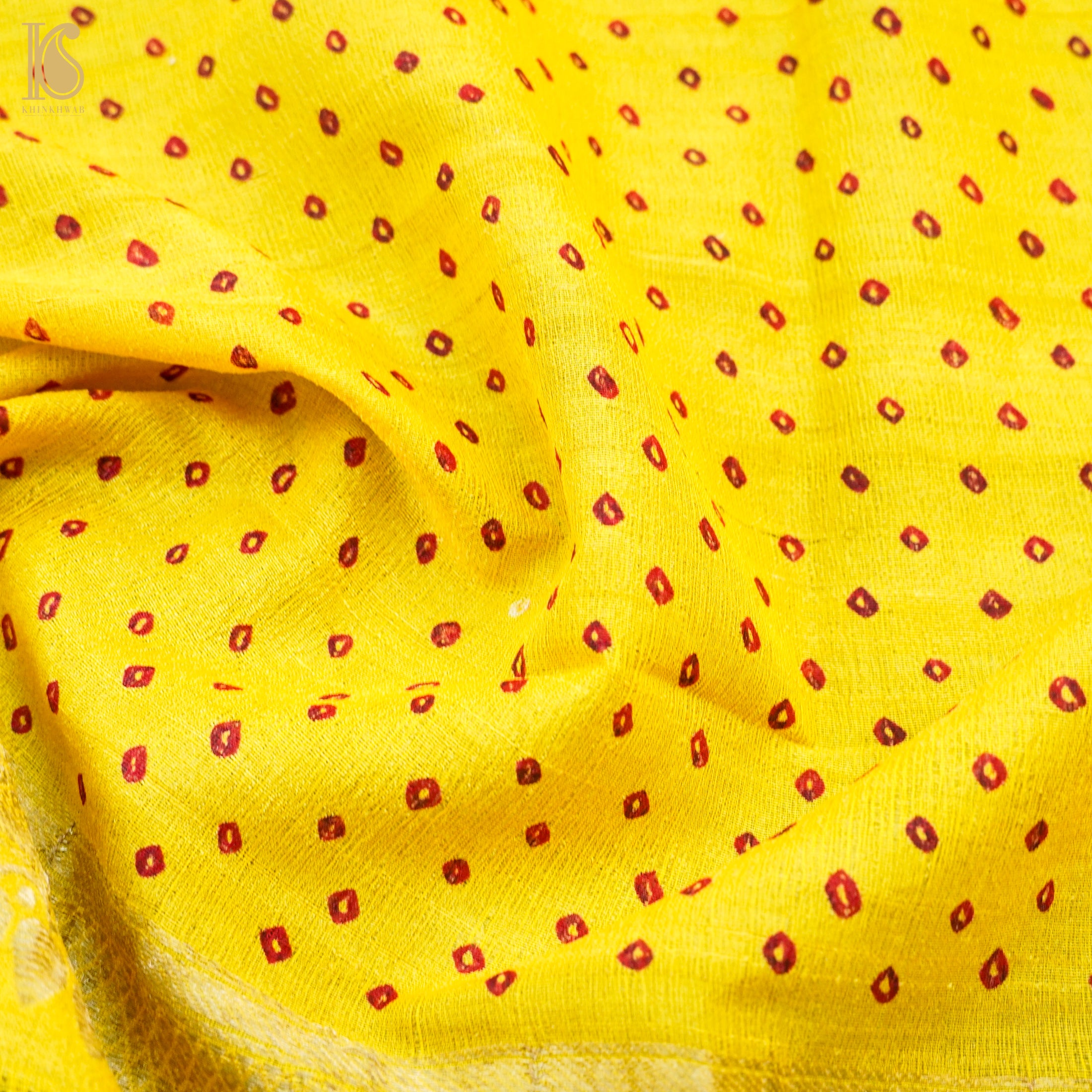 Broom Yellow Pure Tussar Silk Bandhani Blouse Fabric - Khinkhwab