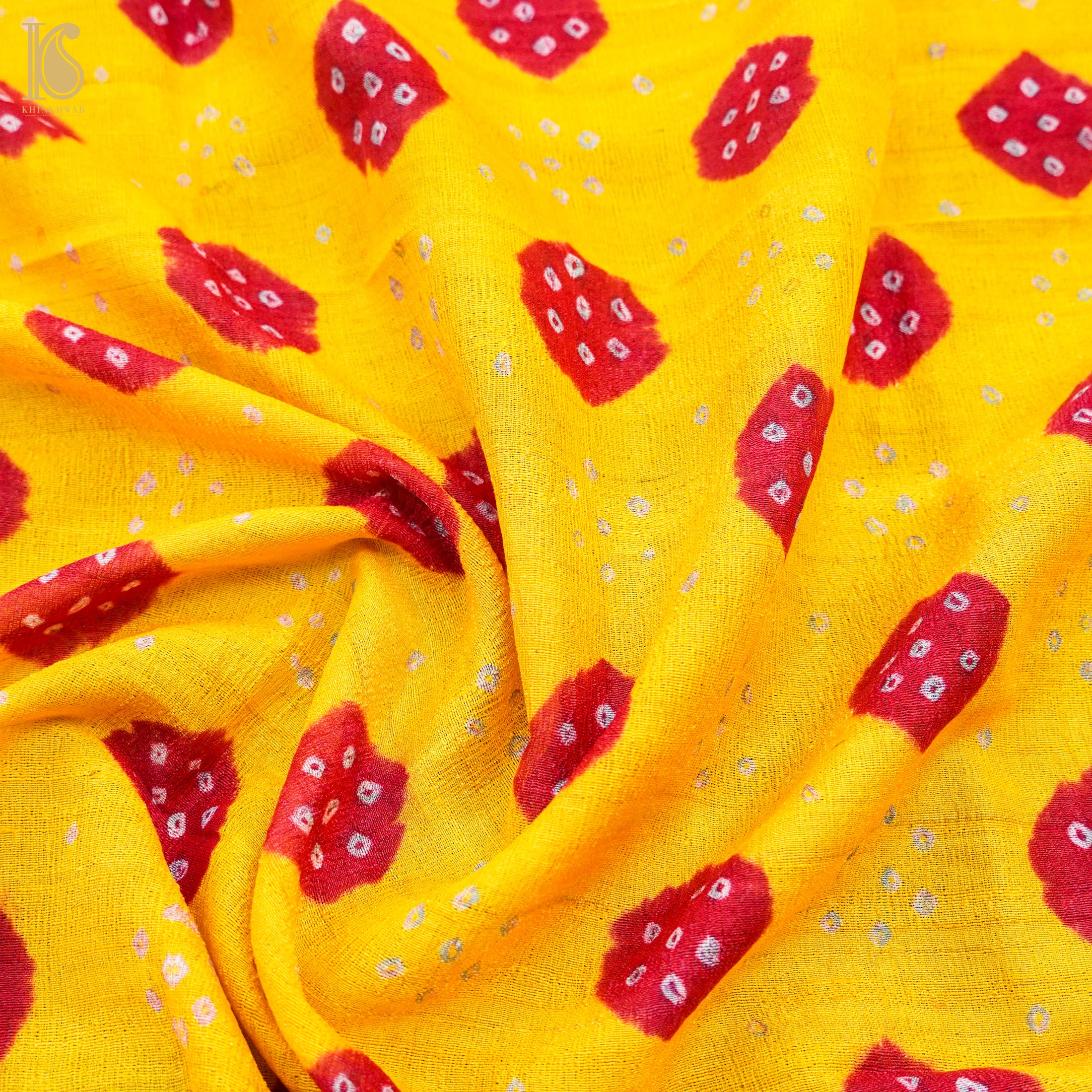 Yellow Pure Tussar Silk Bandhani Blouse Fabric - Khinkhwab