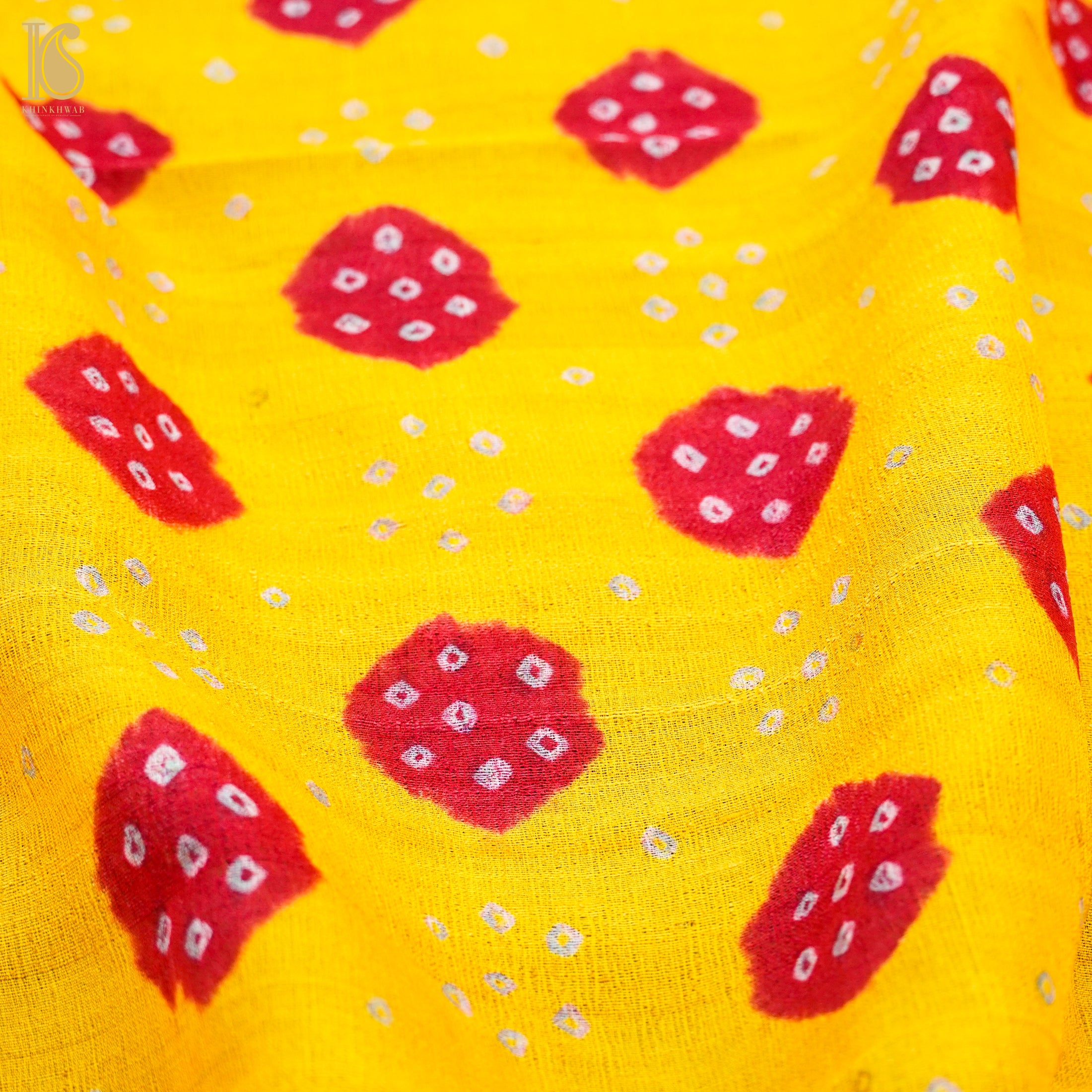 Yellow Pure Tussar Silk Bandhani Blouse Fabric - Khinkhwab