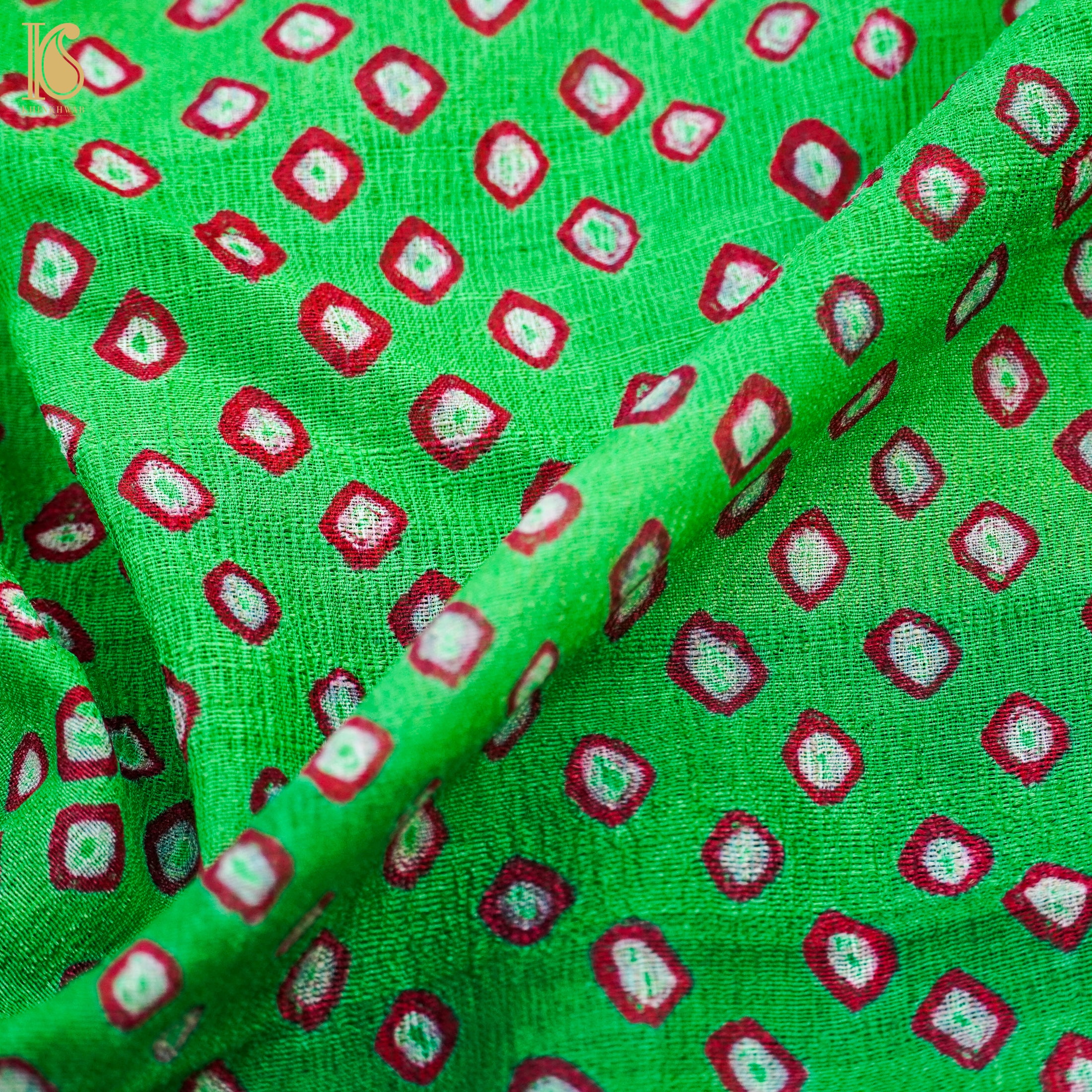Malachite Green Pure Tussar Silk Bandhani Blouse Fabric - Khinkhwab
