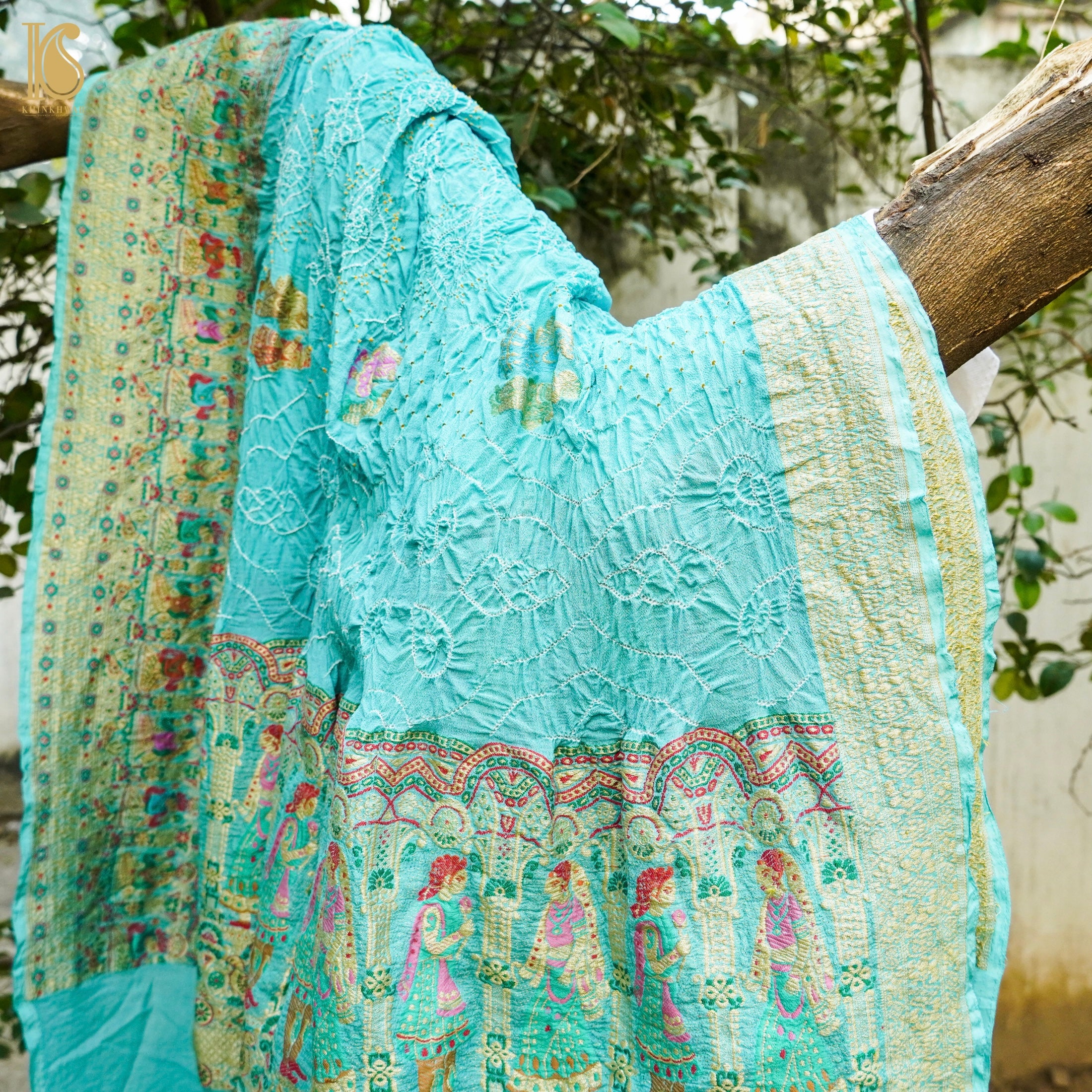 Light Blue Pure Georgette Handloom Banarasi Raja Rani Bandhani Dupatta - Khinkhwab