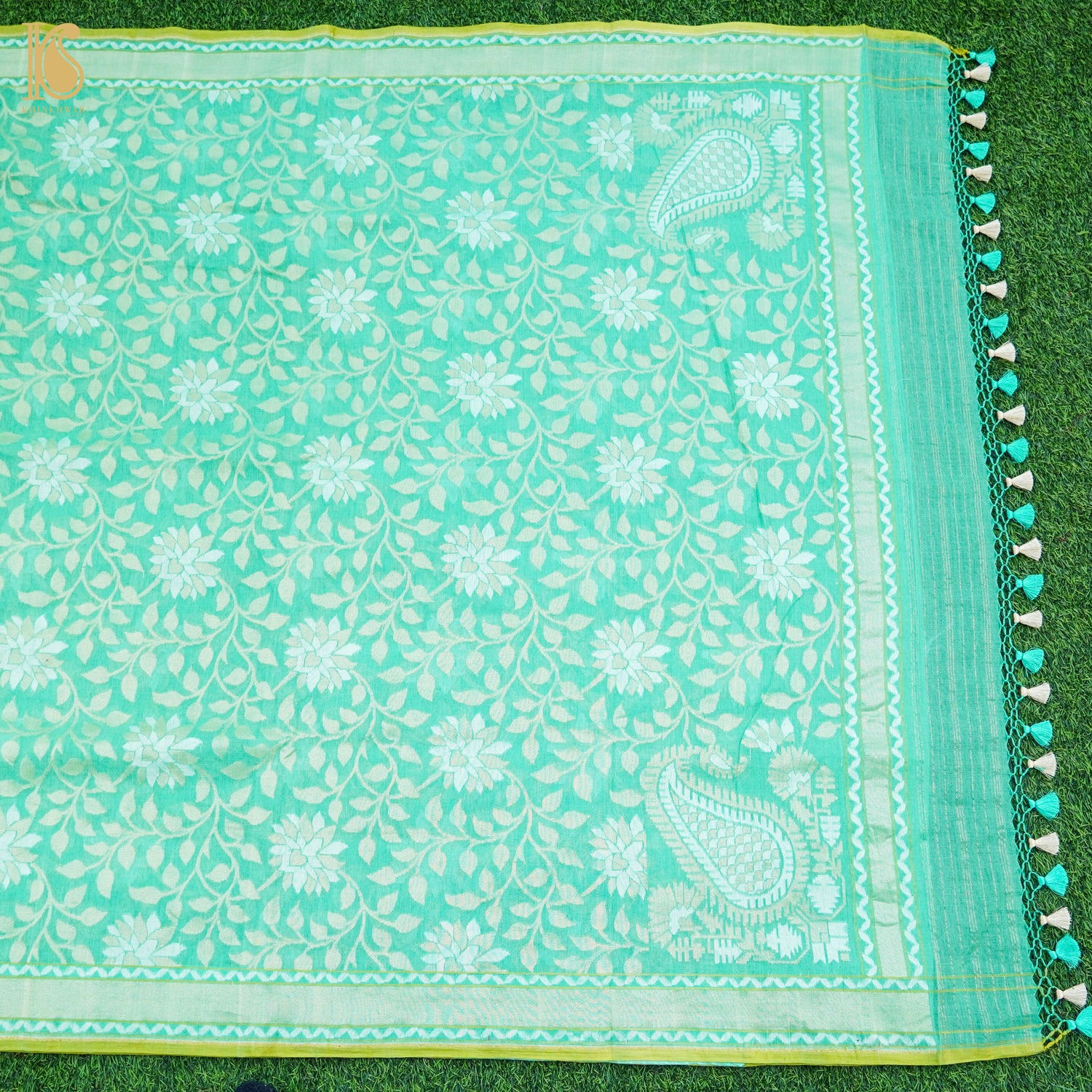 Green Pure Cotton Handloom Banarasi Jamdani Ektara Saree - Khinkhwab