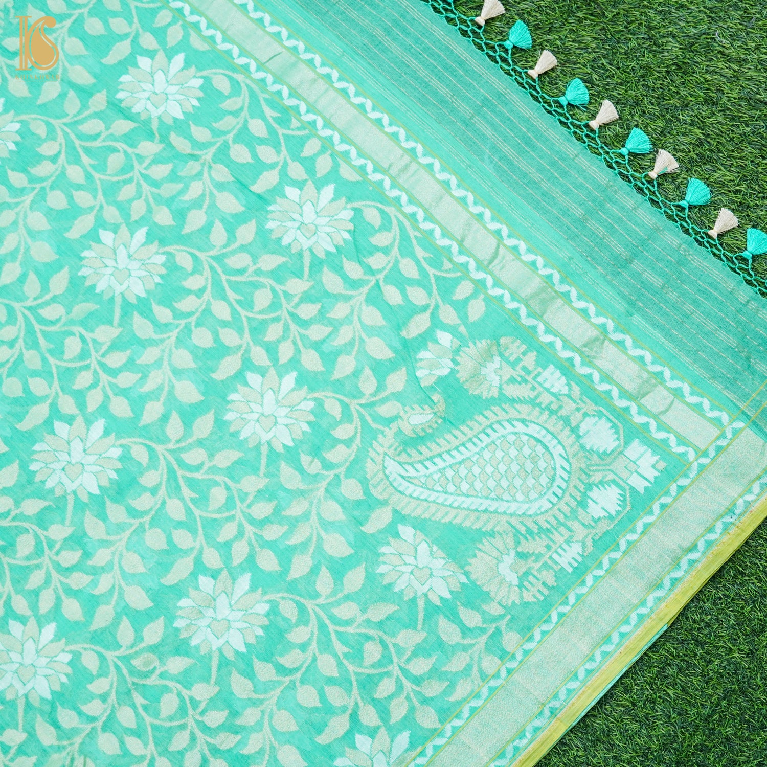 Green Pure Cotton Handloom Banarasi Jamdani Ektara Saree - Khinkhwab