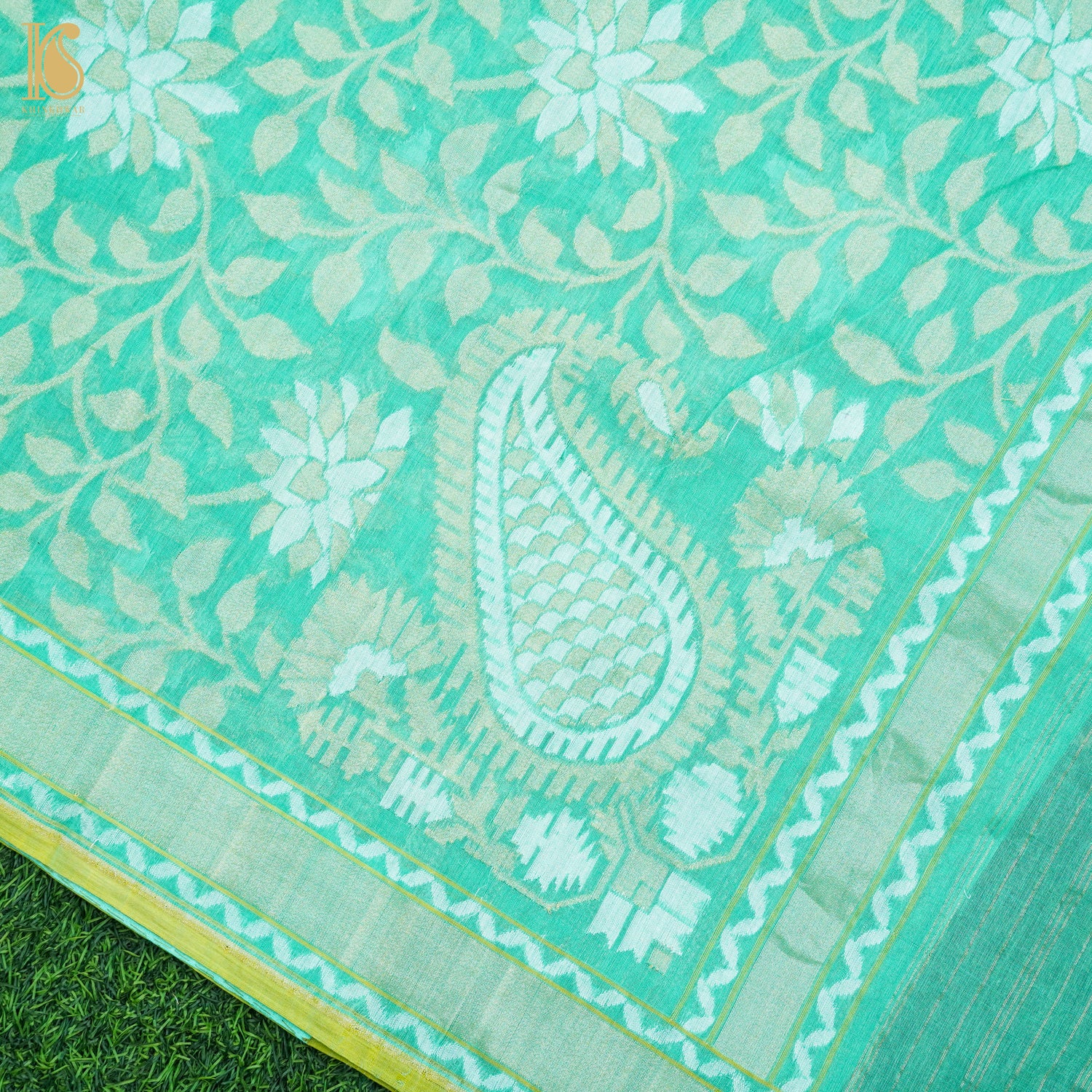 Green Pure Cotton Handloom Banarasi Jamdani Ektara Saree - Khinkhwab