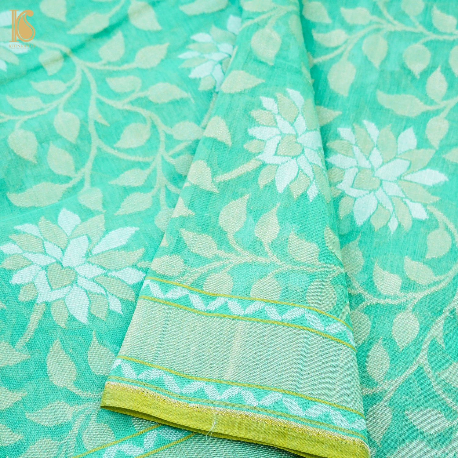 Green Pure Cotton Handloom Banarasi Jamdani Ektara Saree - Khinkhwab