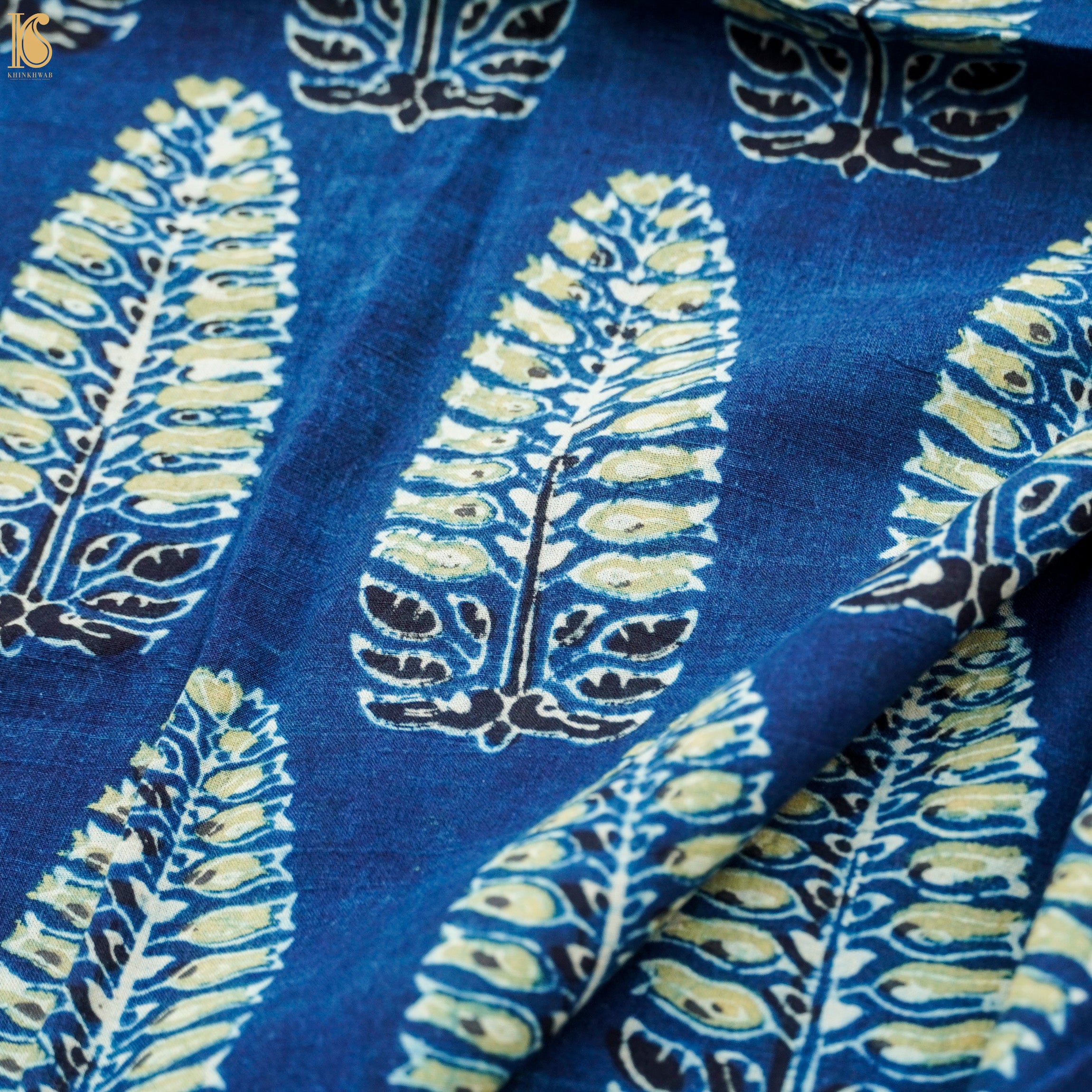 Blue Hand Block Ajrakh Cotton Leaf Fabric - Khinkhwab