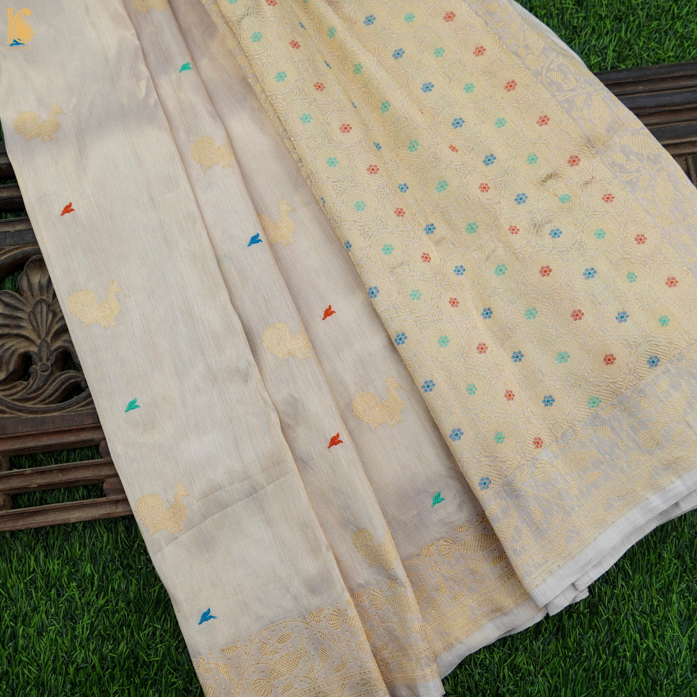 Tea White Handloom Pure Tissue White Banarasi Bird Saree - Khinkhwab