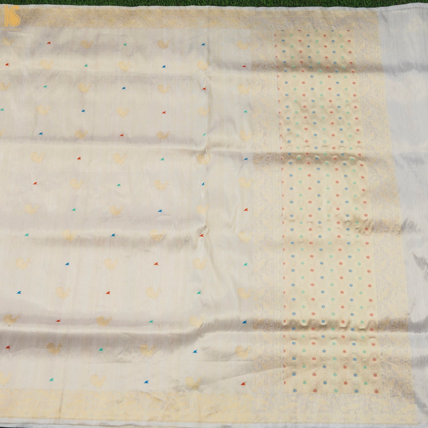 Tea White Handloom Pure Tissue White Banarasi Bird Saree - Khinkhwab