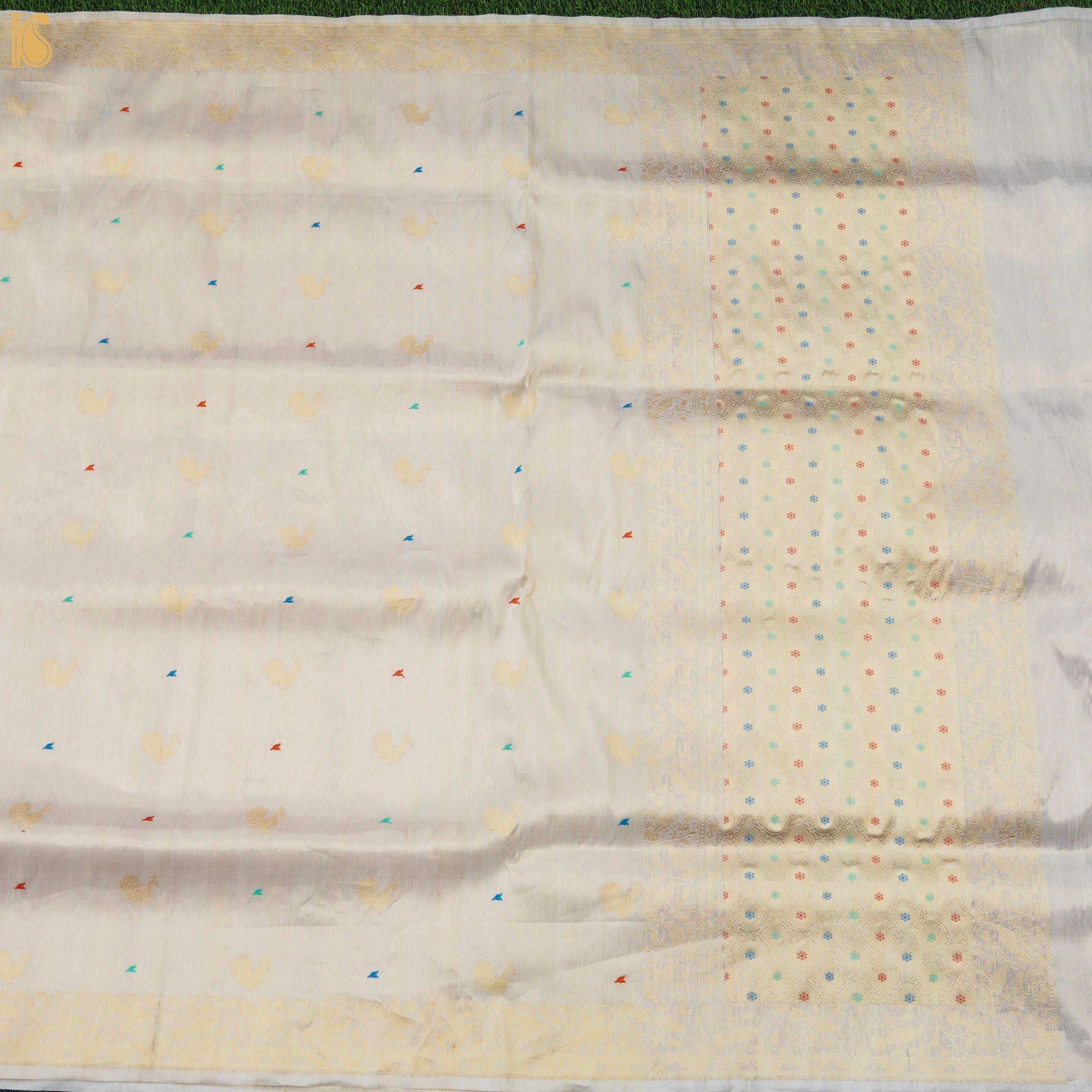 Tea White Handloom Pure Tissue White Banarasi Bird Saree - Khinkhwab