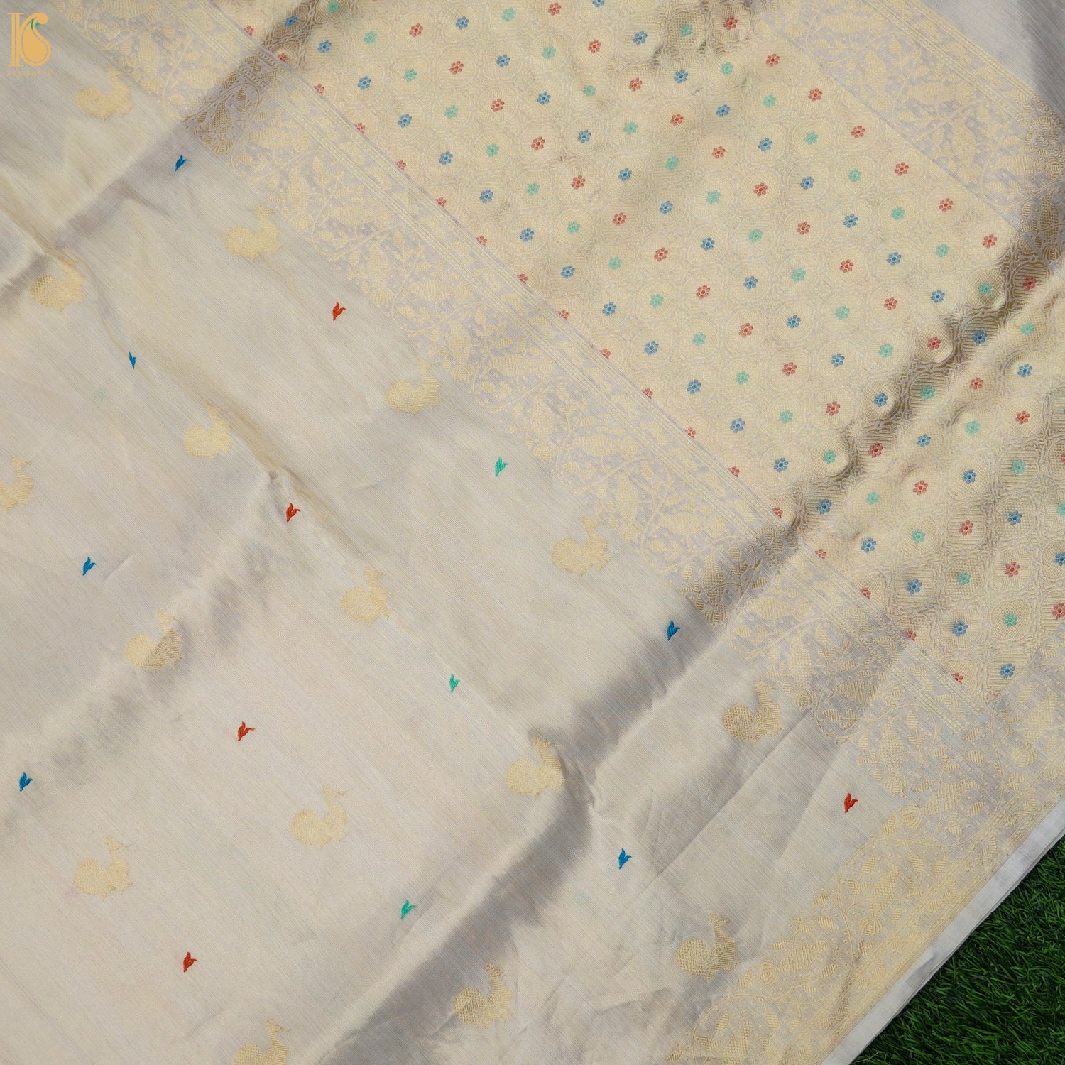 Tea White Handloom Pure Tissue White Banarasi Bird Saree - Khinkhwab