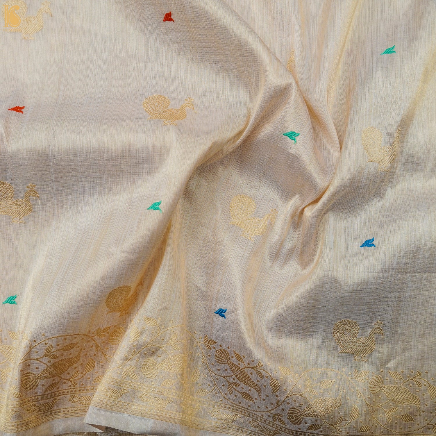 Tea White Handloom Pure Tissue White Banarasi Bird Saree - Khinkhwab