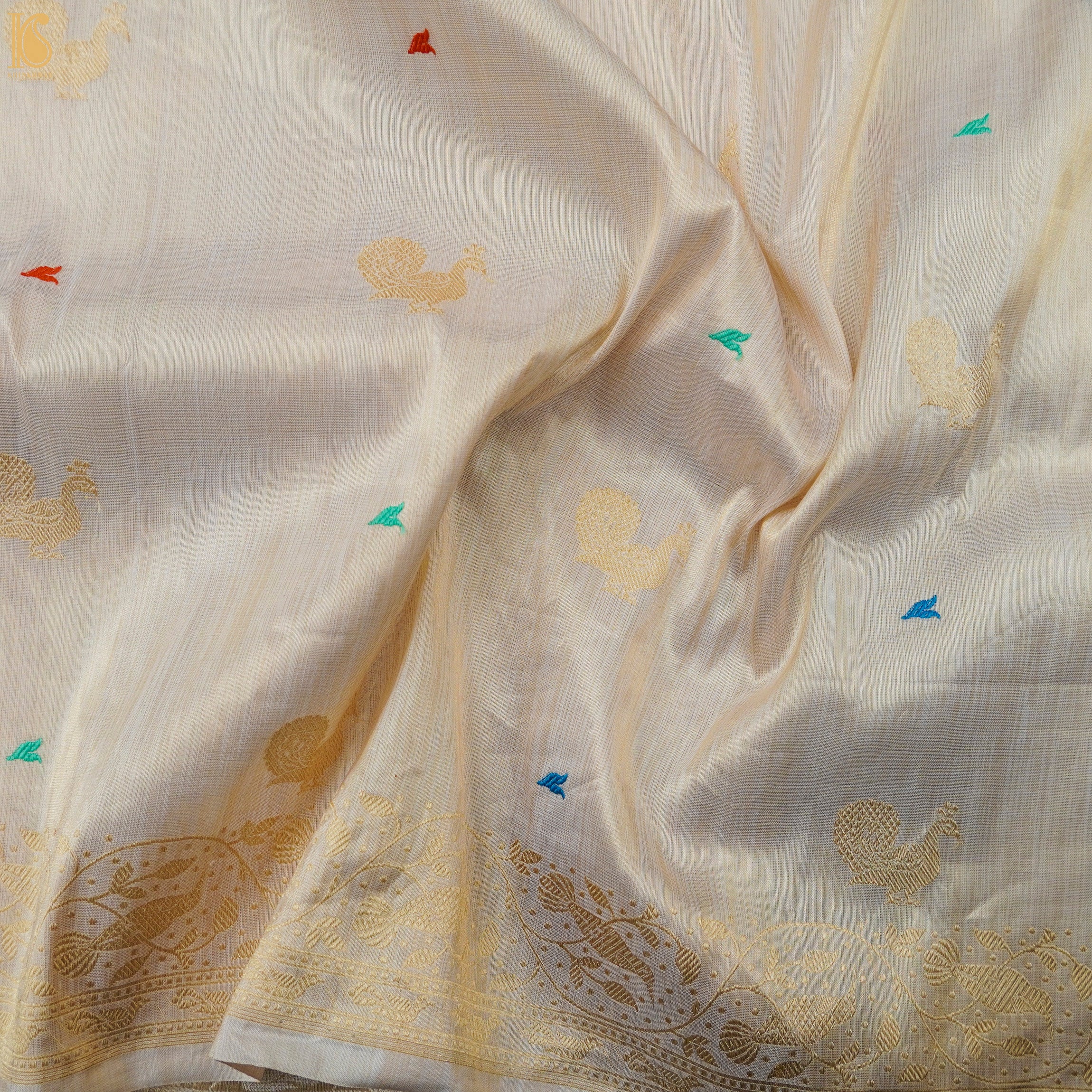 Tea White Handloom Pure Tissue White Banarasi Bird Saree - Khinkhwab