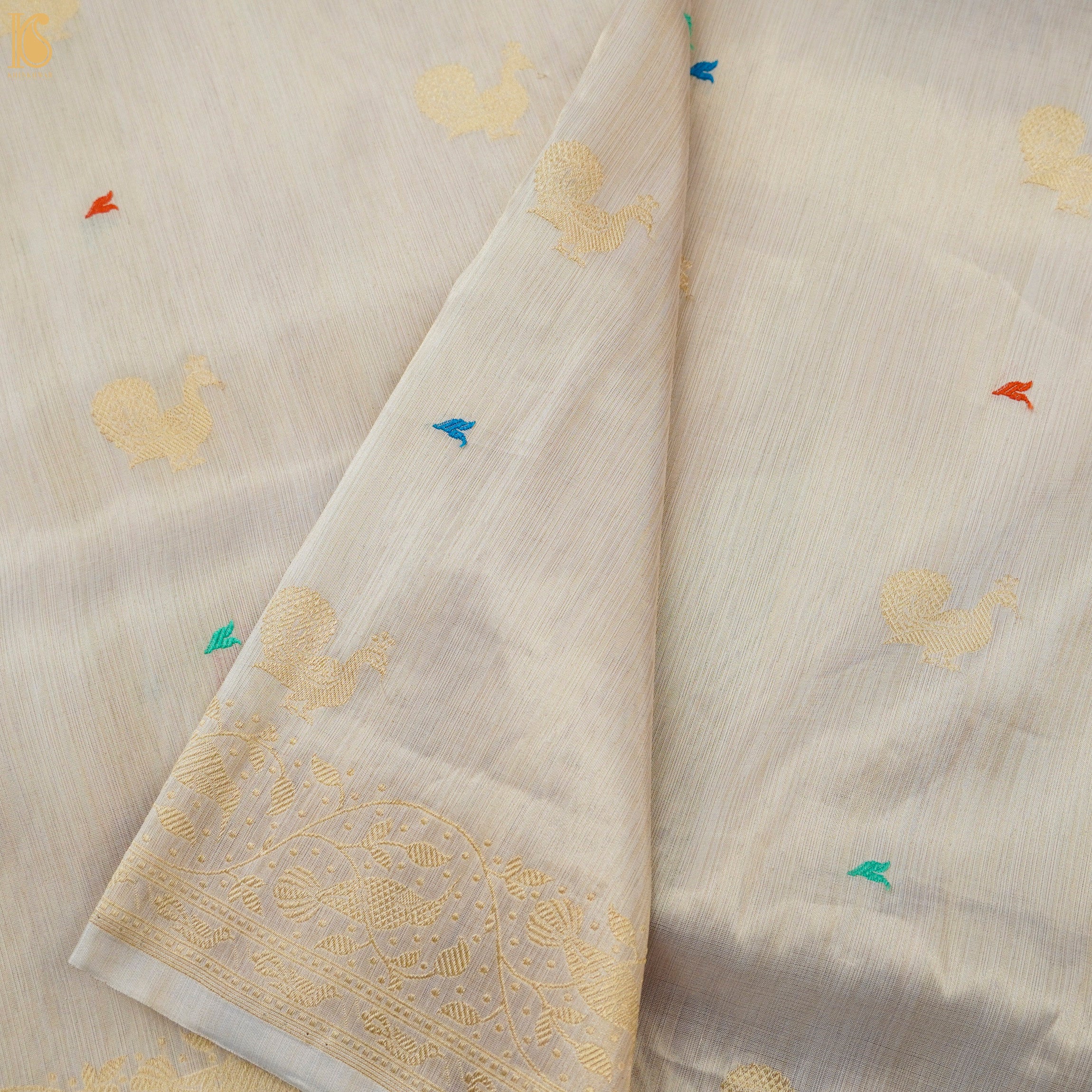 Tea White Handloom Pure Tissue White Banarasi Bird Saree - Khinkhwab
