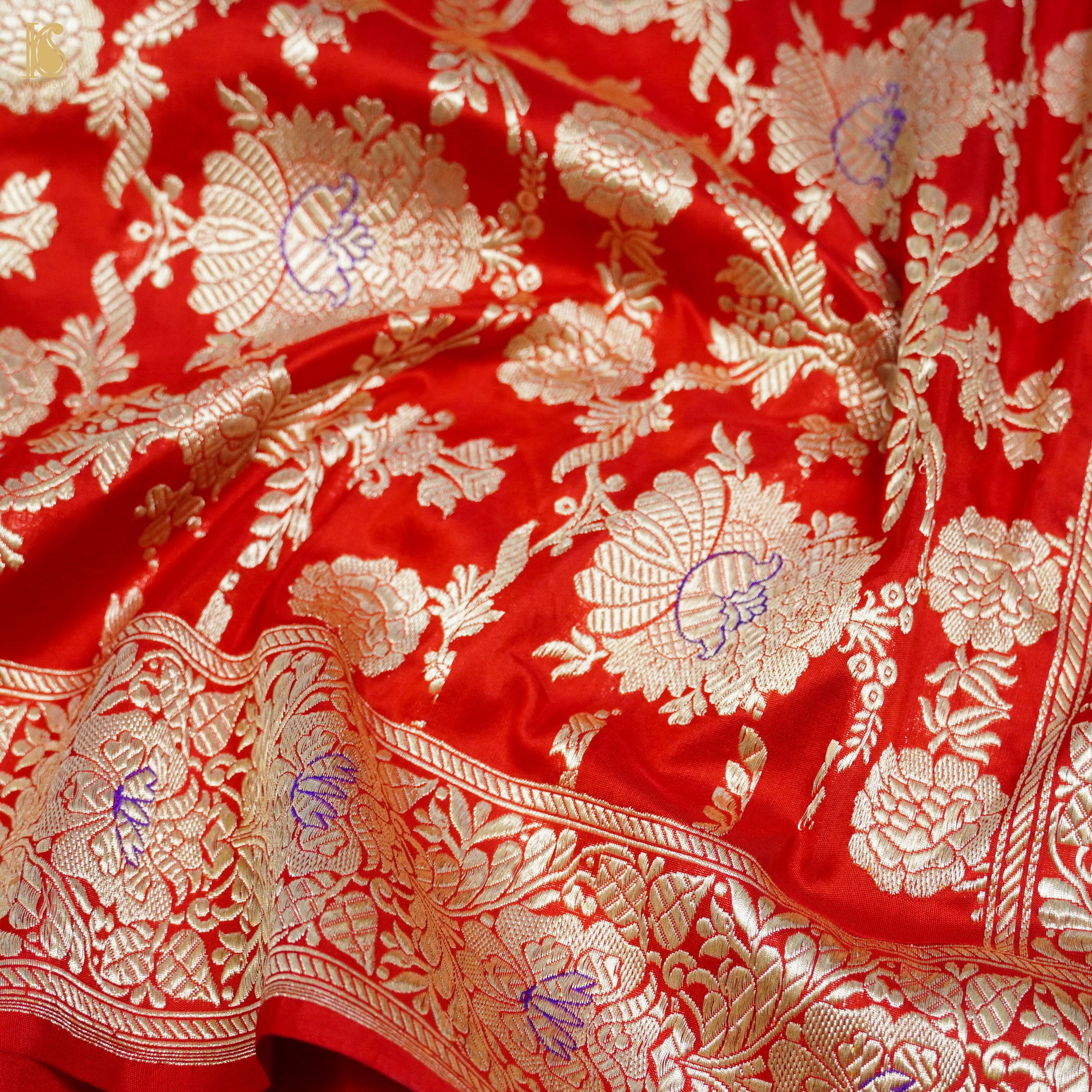Handwoven Pure Katan Silk Red Banarasi Mughal Boota Saree - Khinkhwab