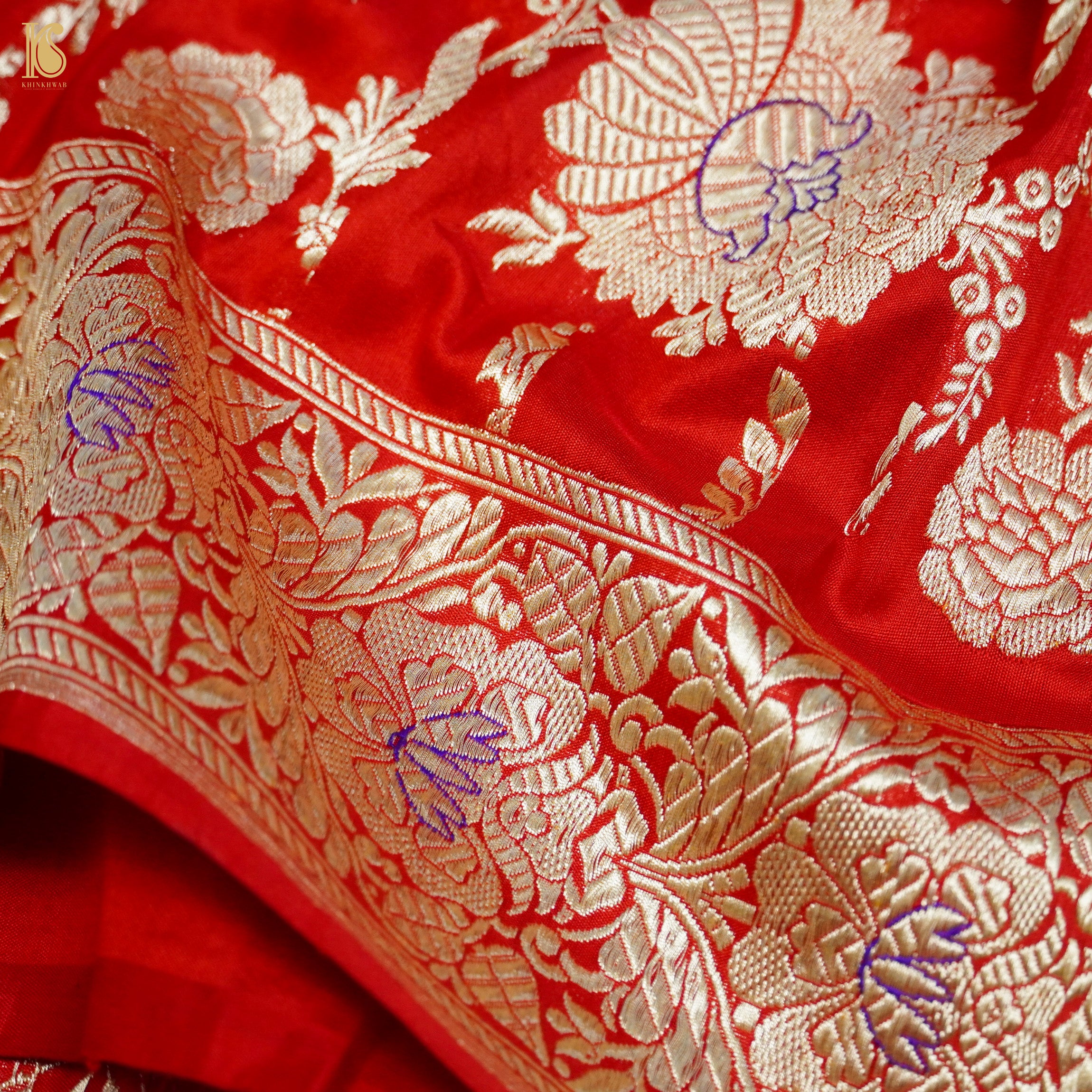 Handwoven Pure Katan Silk Red Banarasi Mughal Boota Saree - Khinkhwab