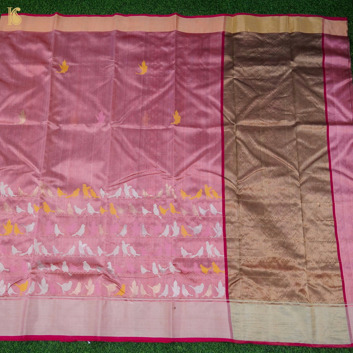 Pink Handwoven Pure Chanderi Bird Saree - Khinkhwab