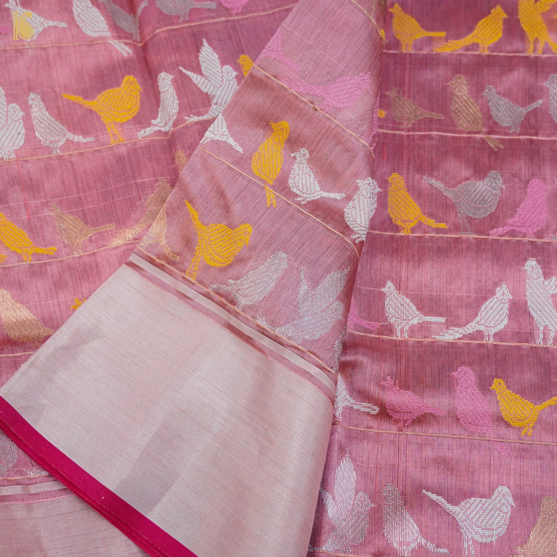 Pink Handwoven Pure Chanderi Bird Saree - Khinkhwab