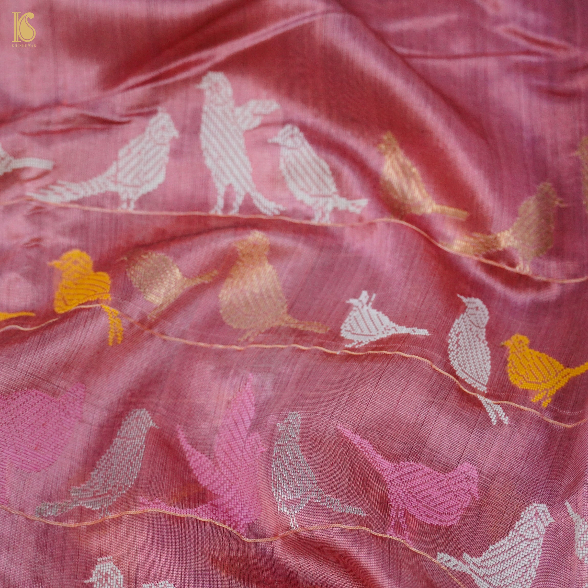 Pink Handwoven Pure Chanderi Bird Saree - Khinkhwab