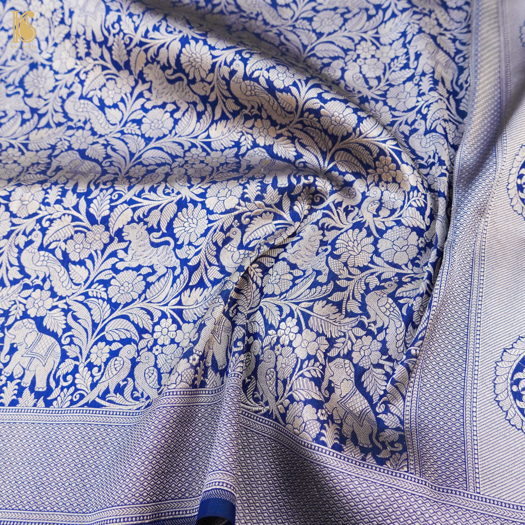 Sapphire Blue Handloom Katan Silk Banarasi Shikargah Saree - Khinkhwab
