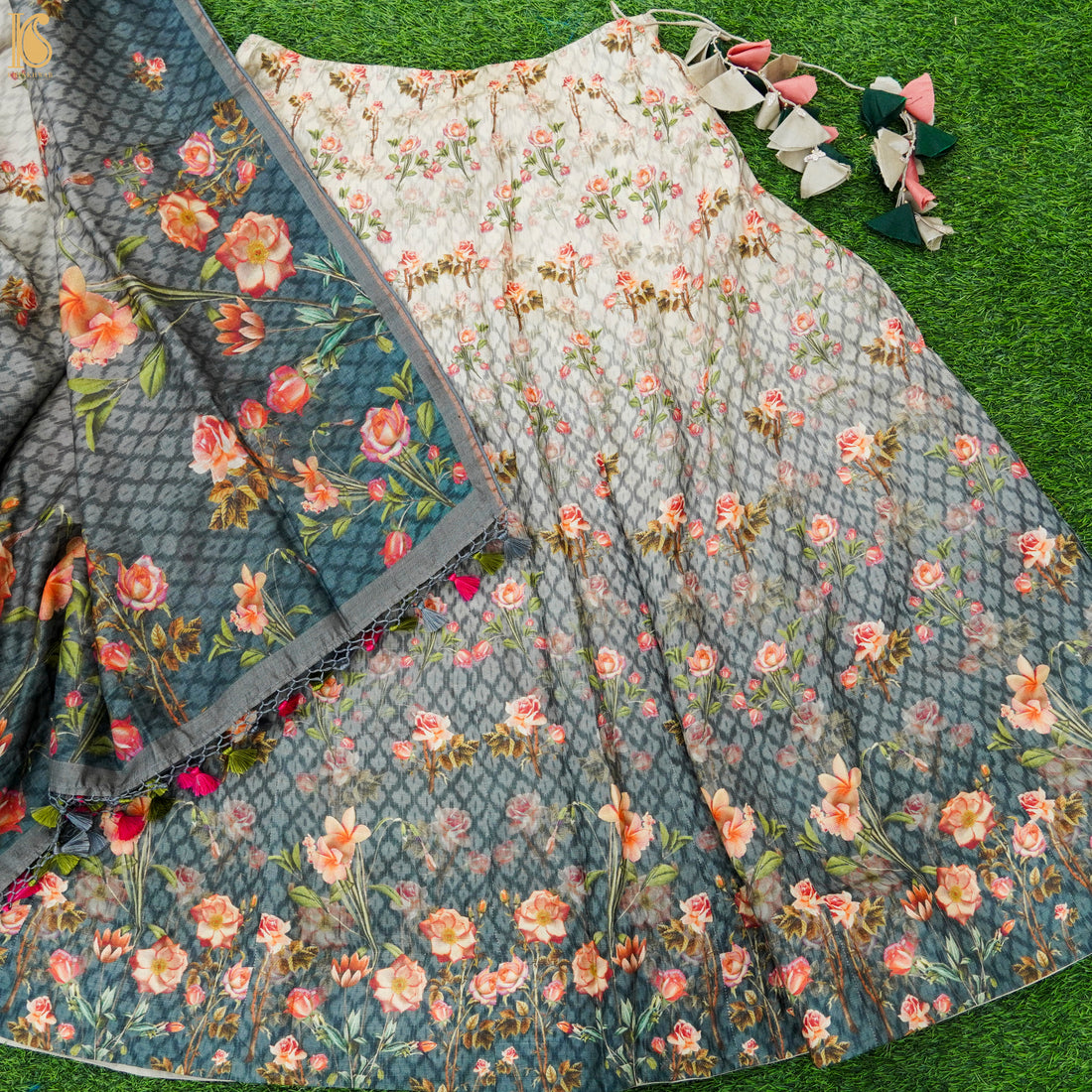 Grey Rose Pure Tussar Silk Print Kalidar Stitched Lehenga Set - Khinkhwab