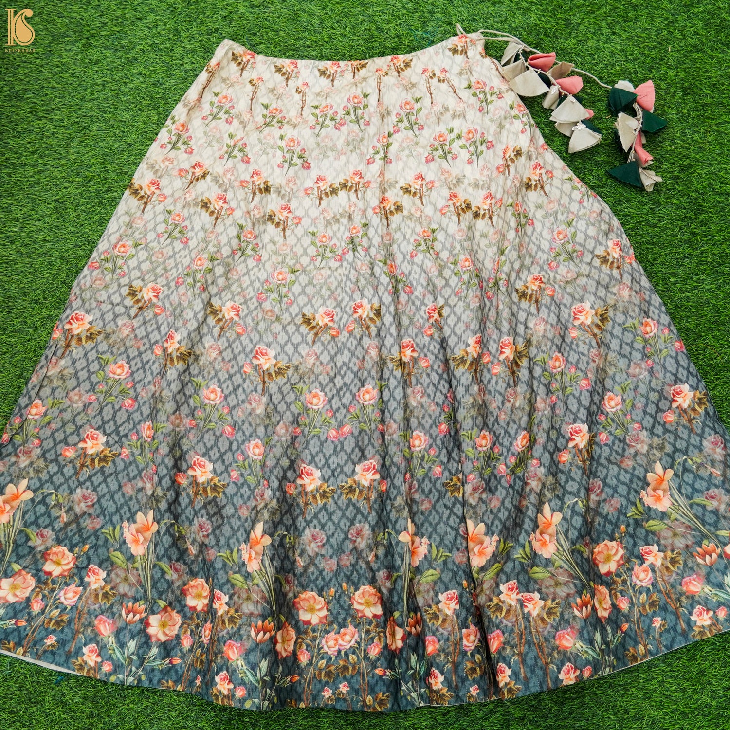 Grey Rose Pure Tussar Silk Print Kalidar Stitched Lehenga Set - Khinkhwab