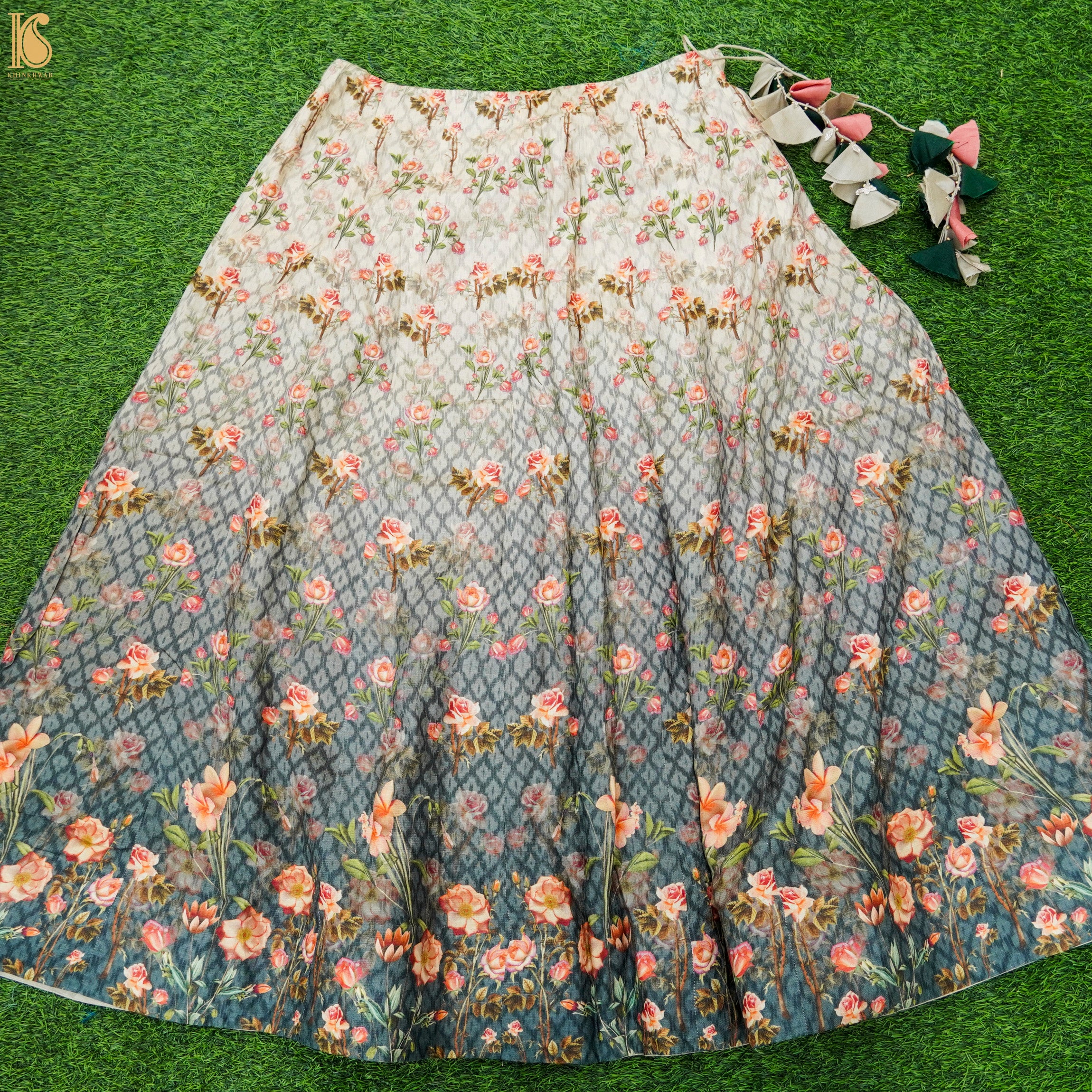 Grey Rose Pure Tussar Silk Print Kalidar Stitched Lehenga Set - Khinkhwab