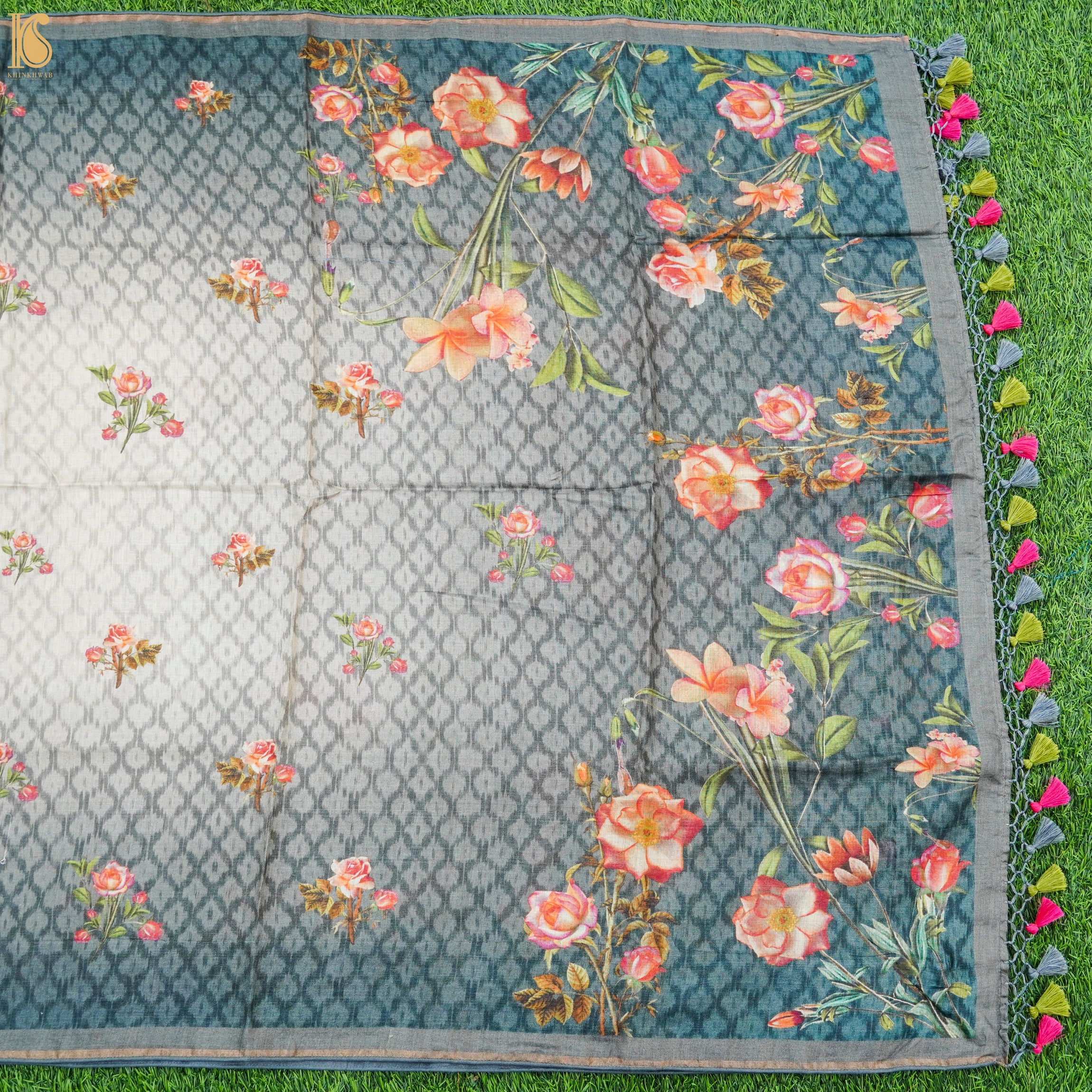 Grey Rose Pure Tussar Silk Print Kalidar Stitched Lehenga Set - Khinkhwab