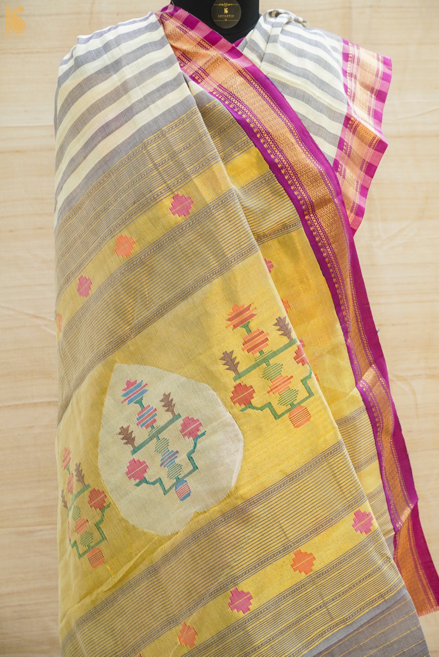 Pearl White & Blue Pure Cotton Handwoven Paithani Stripes Saree - Khinkhwab