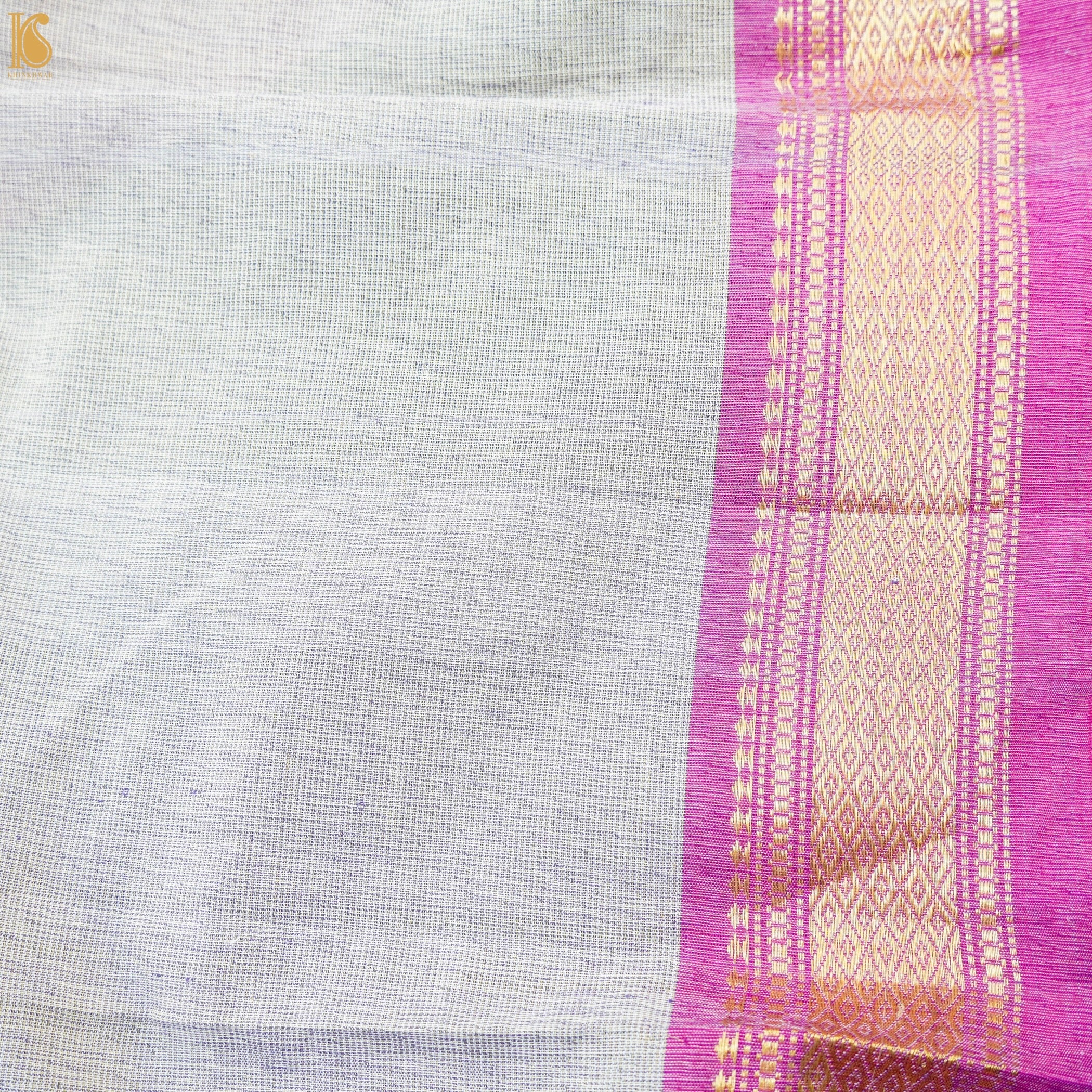 Pearl White & Blue Pure Cotton Handwoven Paithani Stripes Saree - Khinkhwab