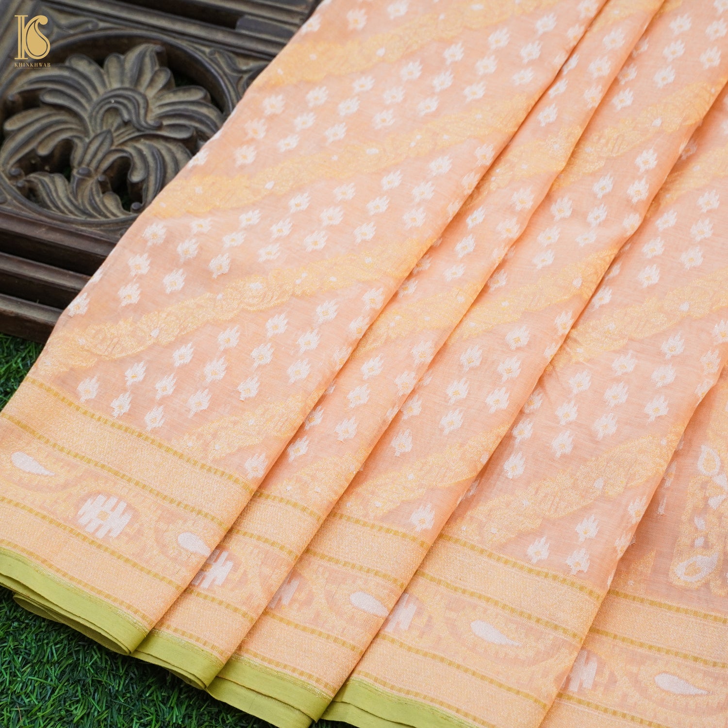 Beige Pure Cotton Handloom Banarasi Jamdani Ektara Saree - Khinkhwab