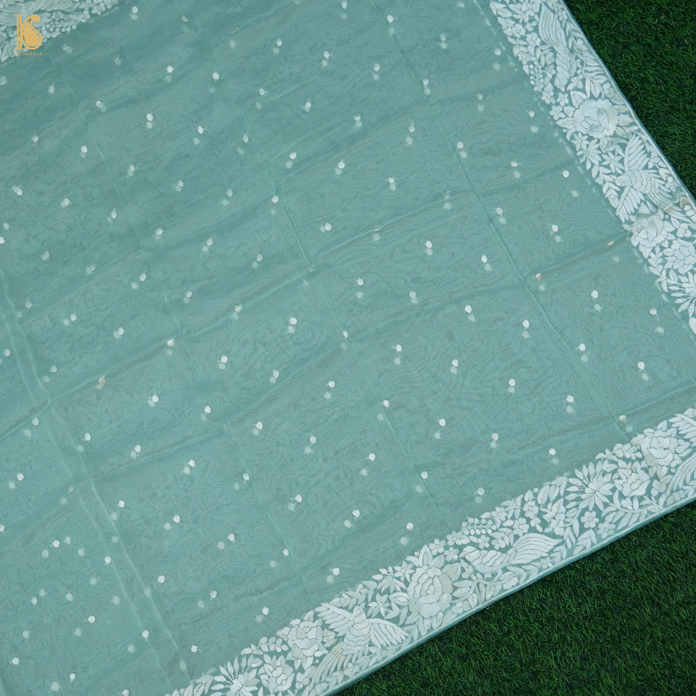 Green Handcrafted Parsi Gara Pure Organza Dupatta - Khinkhwab
