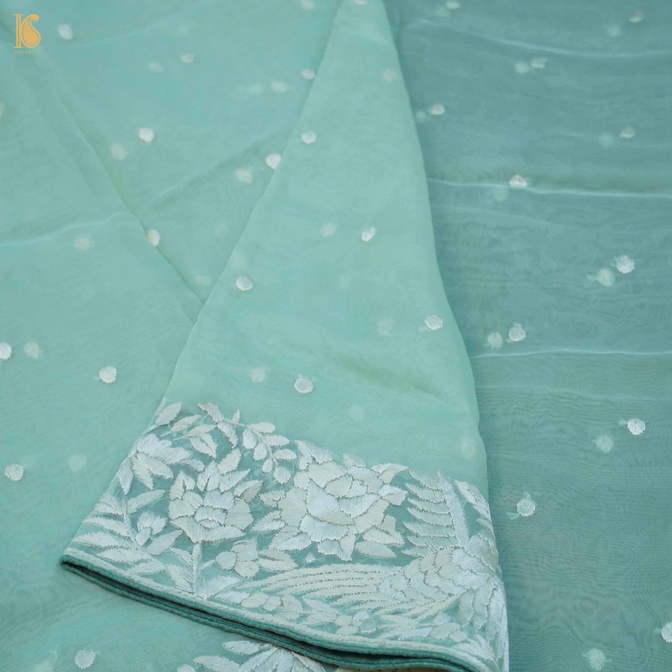 Green Handcrafted Parsi Gara Pure Organza Dupatta - Khinkhwab
