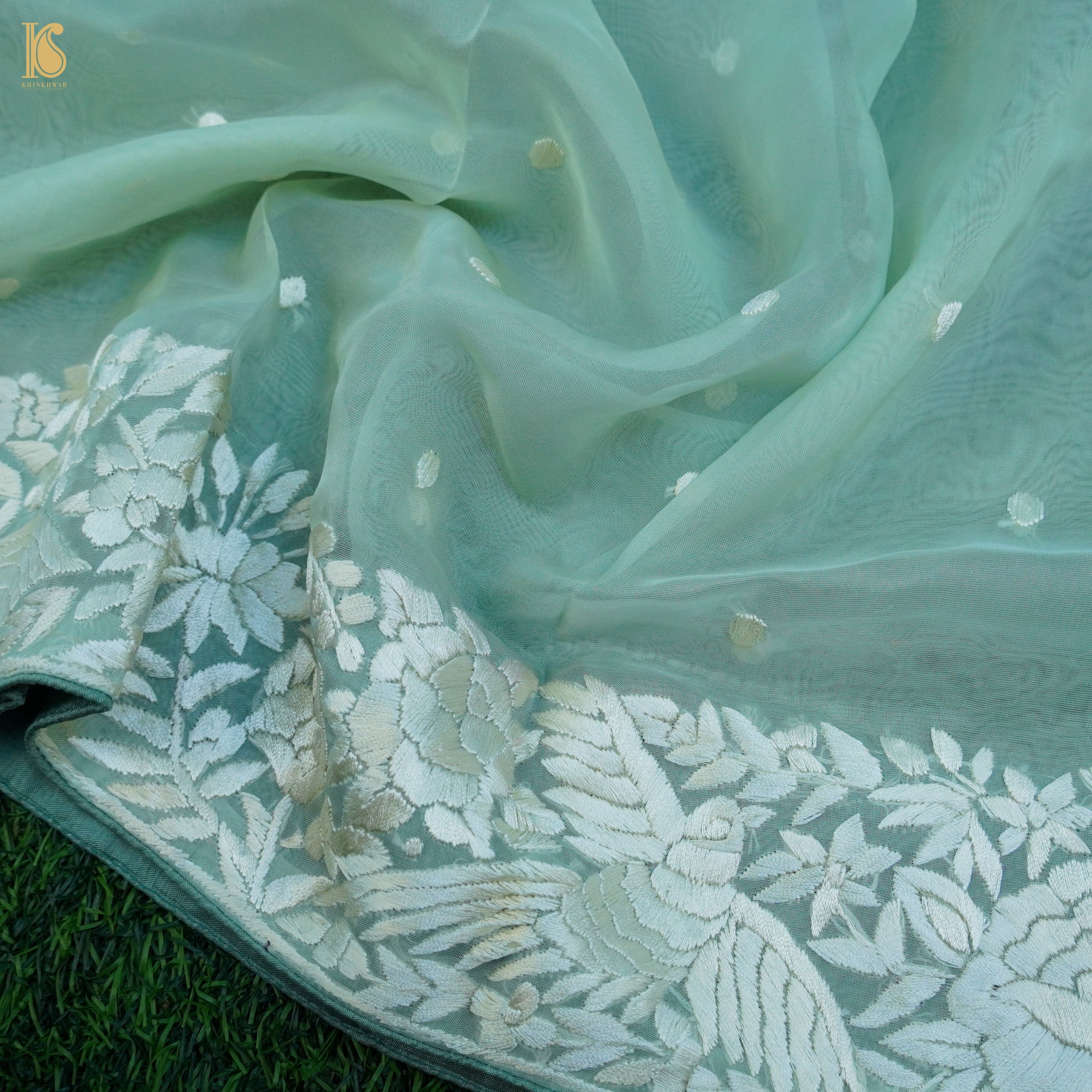 Green Handcrafted Parsi Gara Pure Organza Dupatta - Khinkhwab