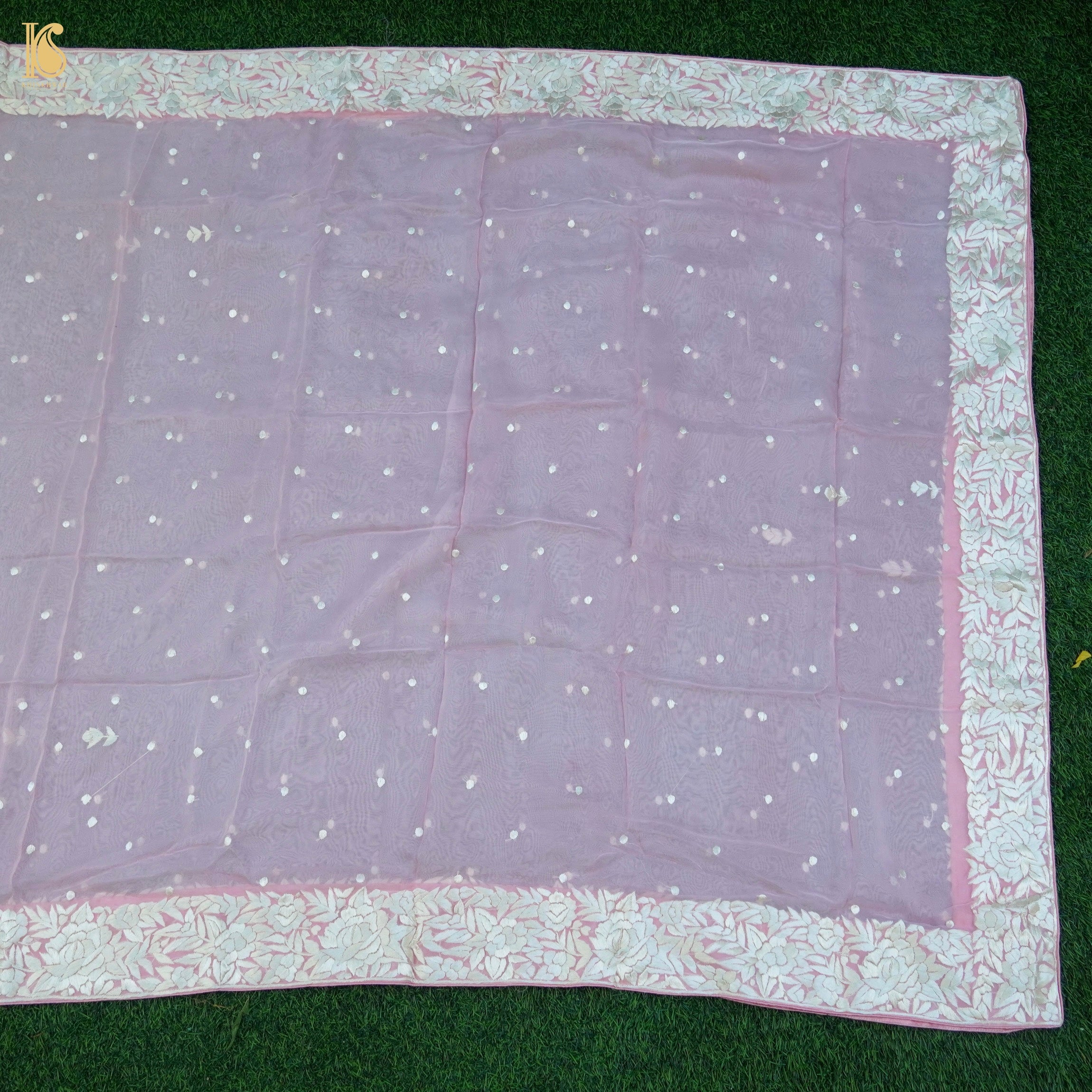 Logan Pink Handcrafted Parsi Gara Pure Organza Dupatta - Khinkhwab