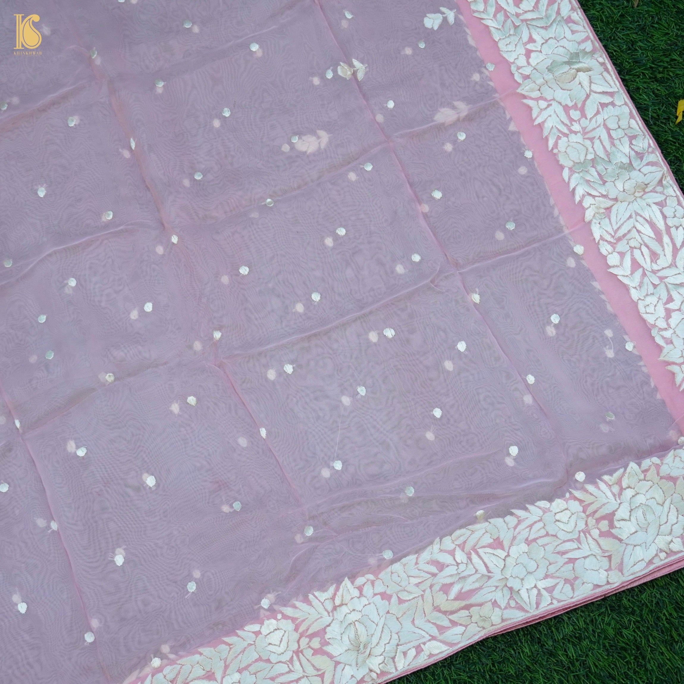 Logan Pink Handcrafted Parsi Gara Pure Organza Dupatta - Khinkhwab