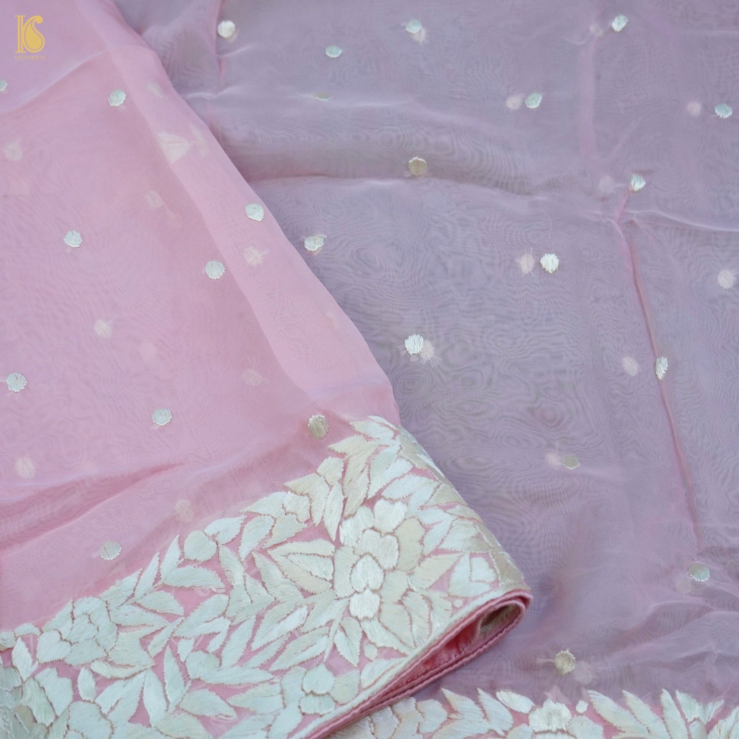 Logan Pink Handcrafted Parsi Gara Pure Organza Dupatta - Khinkhwab