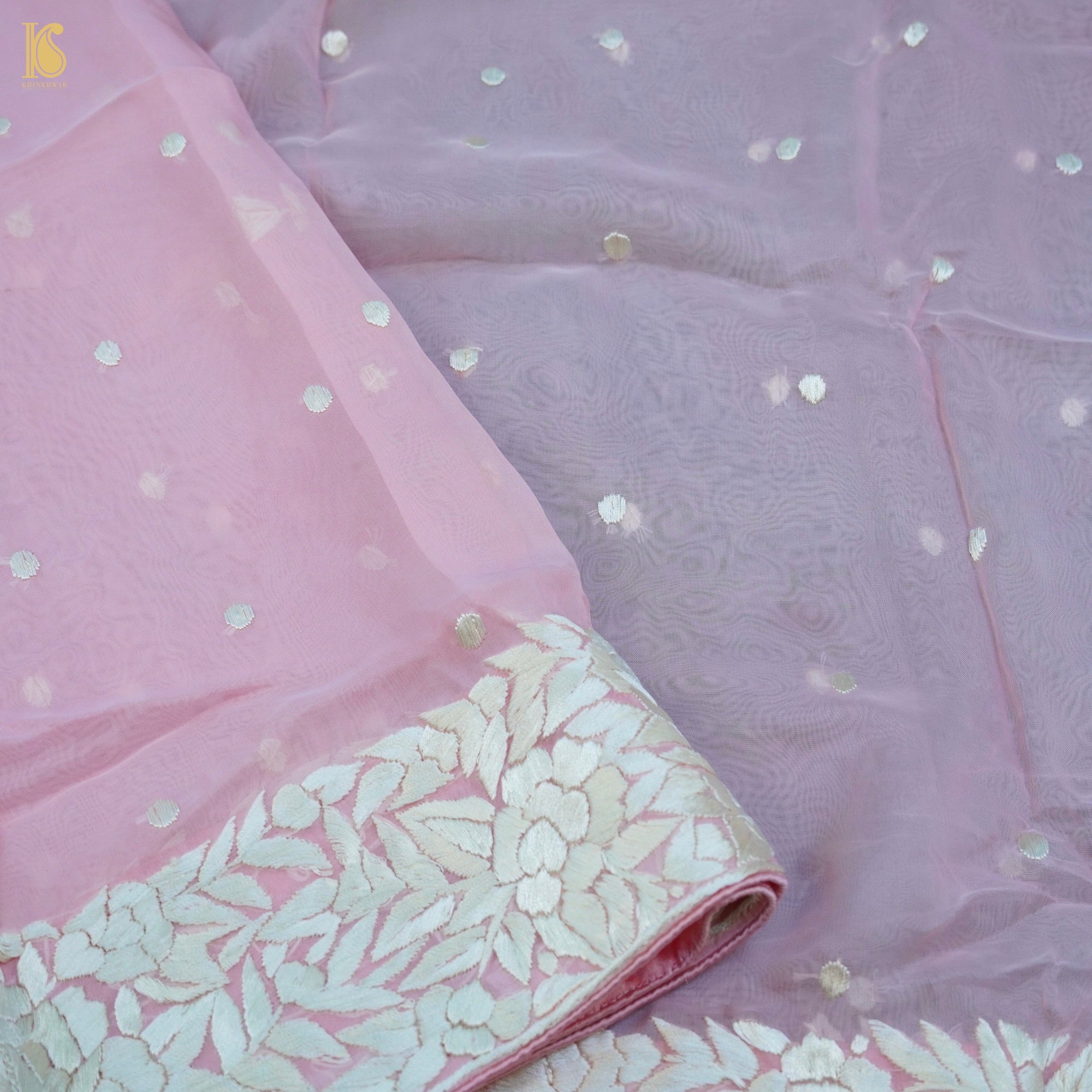 Logan Pink Handcrafted Parsi Gara Pure Organza Dupatta - Khinkhwab