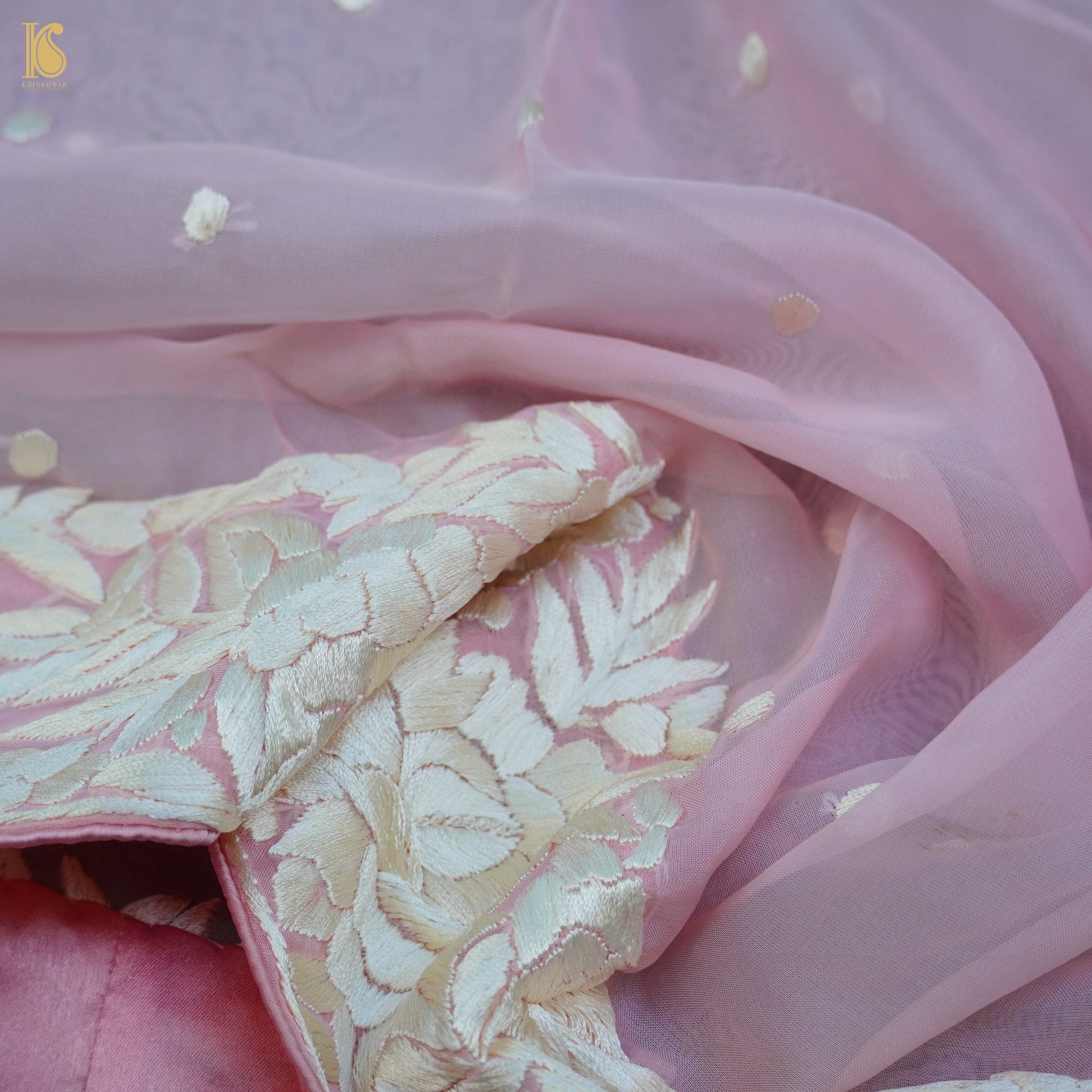 Logan Pink Handcrafted Parsi Gara Pure Organza Dupatta - Khinkhwab