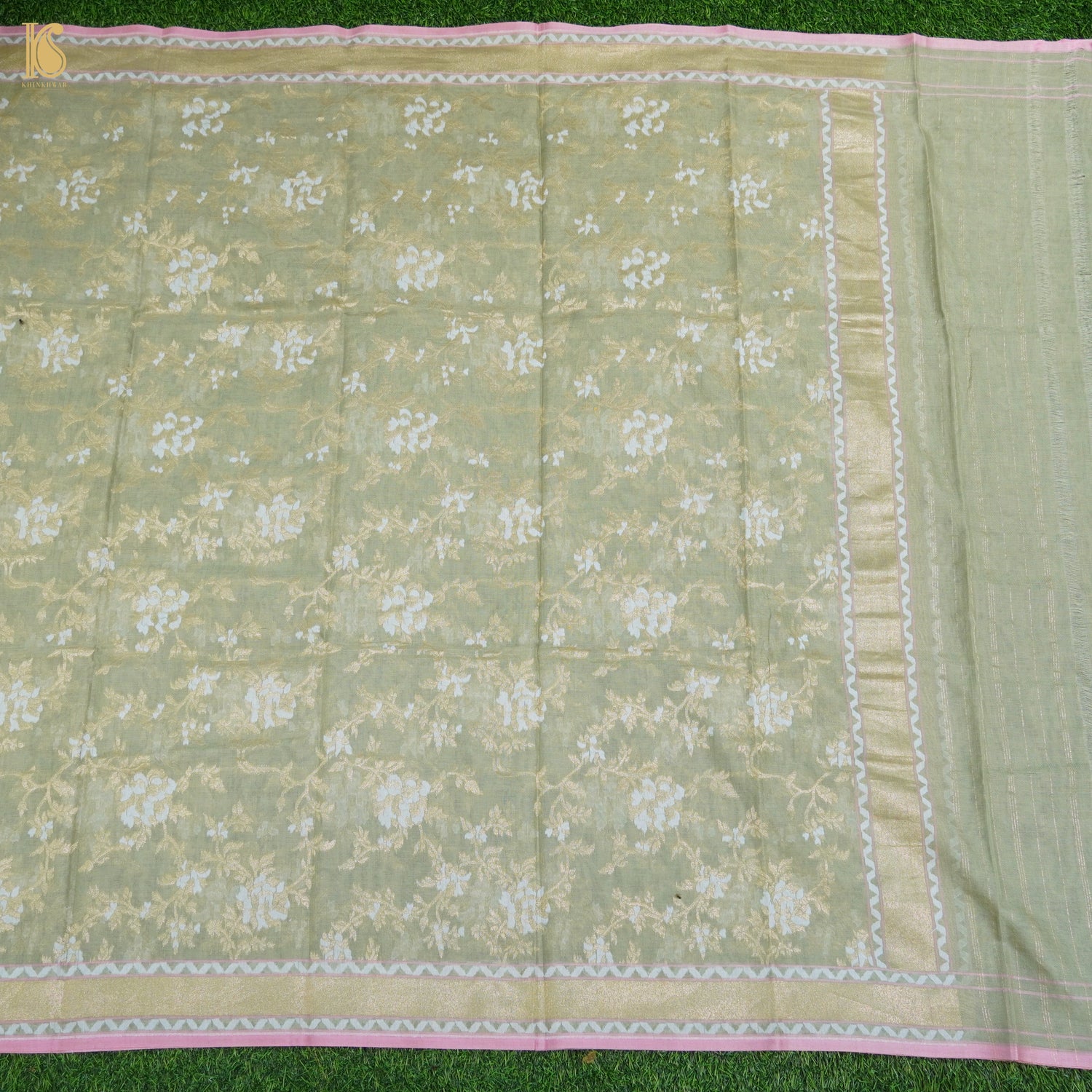 Juniper Green Handloom Pure Cotton Banarasi Jamdani Ektara Suit Fabric Set - Khinkhwab