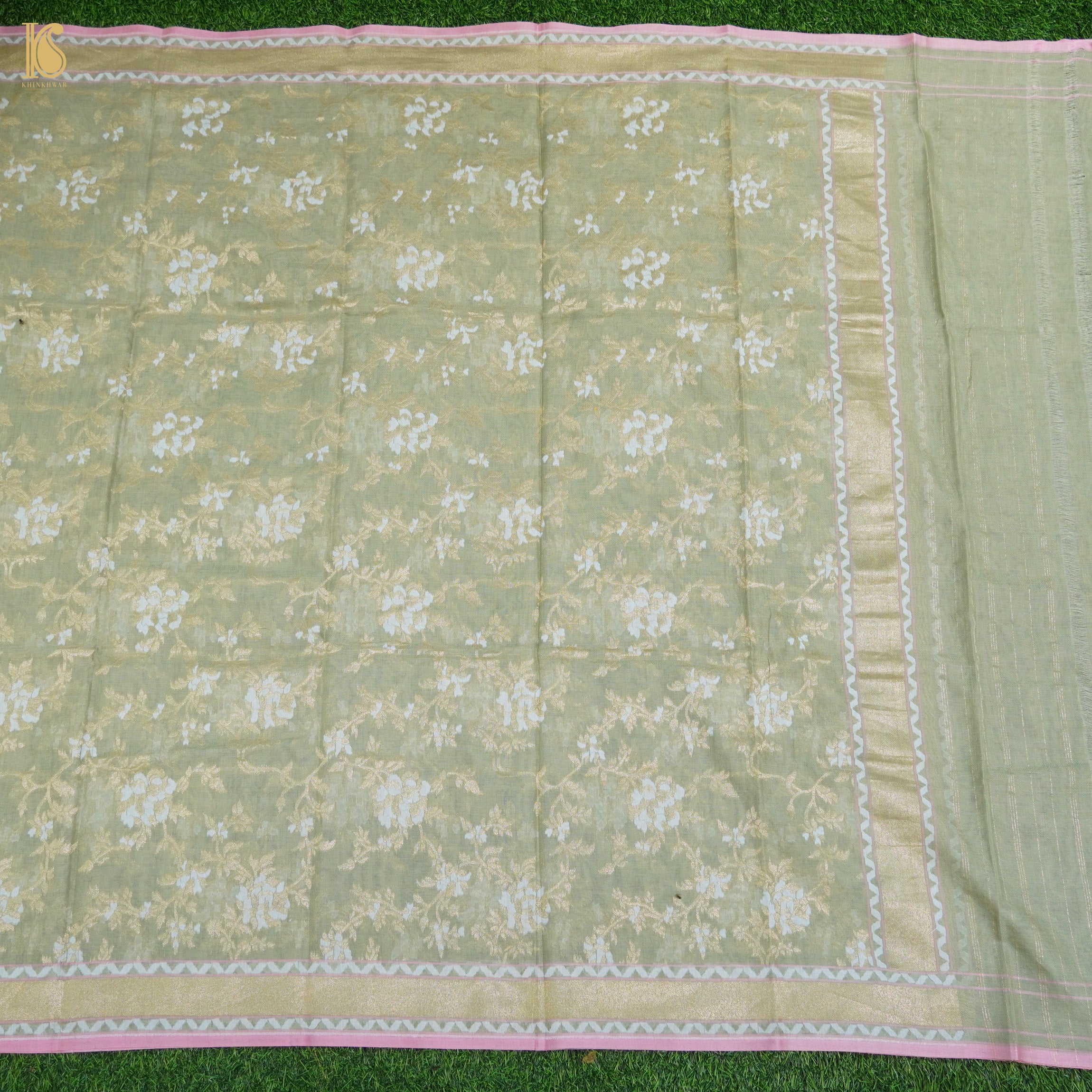 Juniper Green Handloom Pure Cotton Banarasi Jamdani Ektara Suit Fabric Set - Khinkhwab