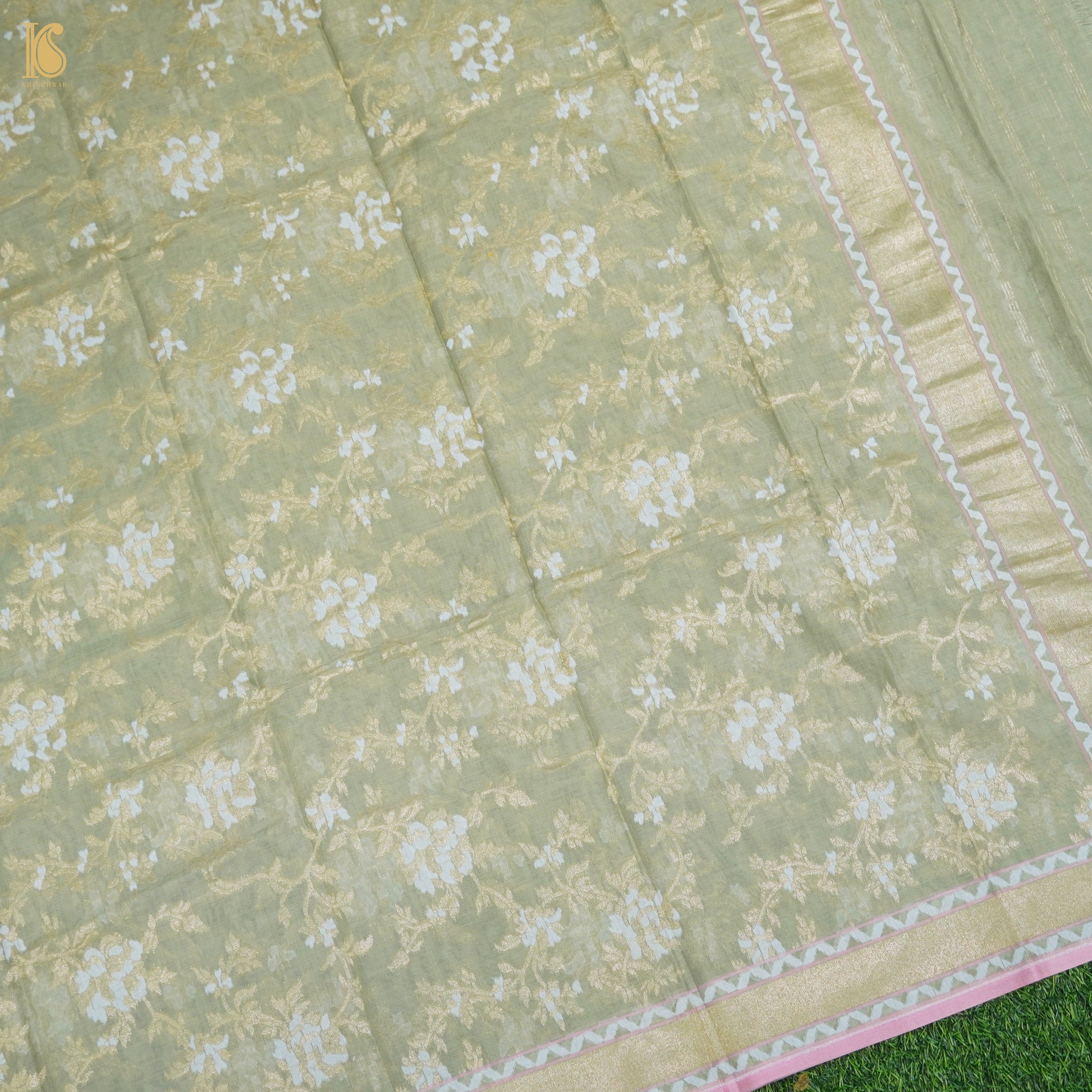 Juniper Green Handloom Pure Cotton Banarasi Jamdani Ektara Suit Fabric Set - Khinkhwab